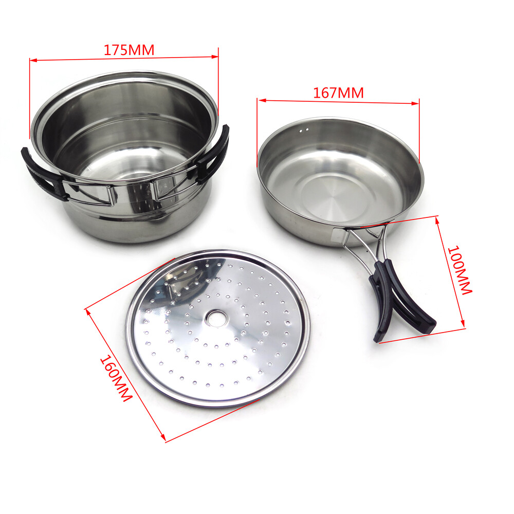 3PCS Outdoor Camping Cookware Stainless Steel Cooking Picnic Bowl Pot Pan Set