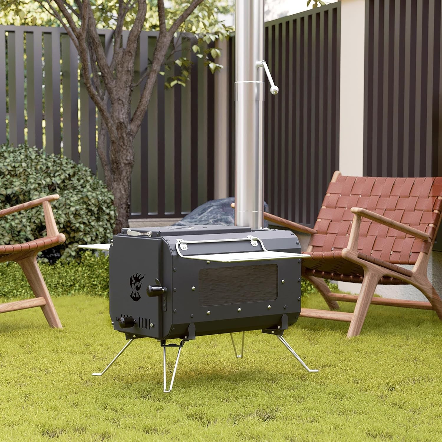 Portable Cast Iron Wood Stove W/ View Glass & Chimney for Tent Camping & Cooking