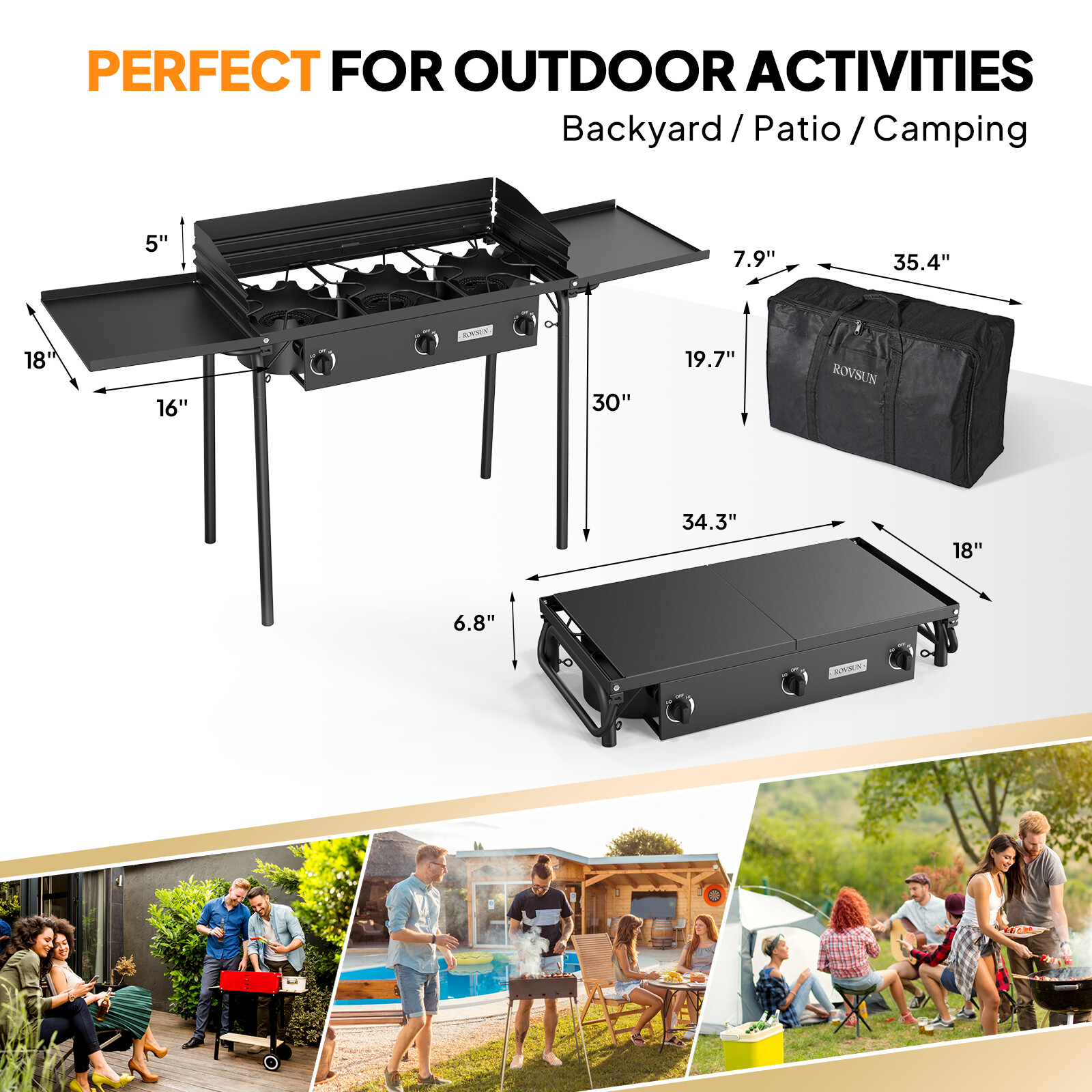 3 Burner Outdoor Propane Stove 225,000BTU Camping Gas Cooker Windscreen & Shelf