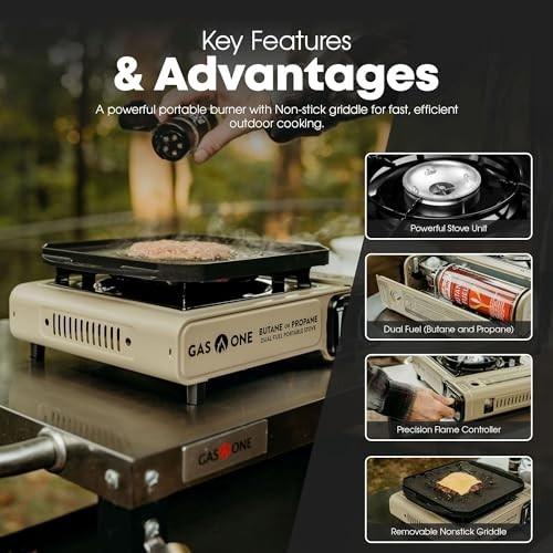 Dual Fuel Propane Butane Stove with Flat Top Griddle – Portable Camping Grill, N