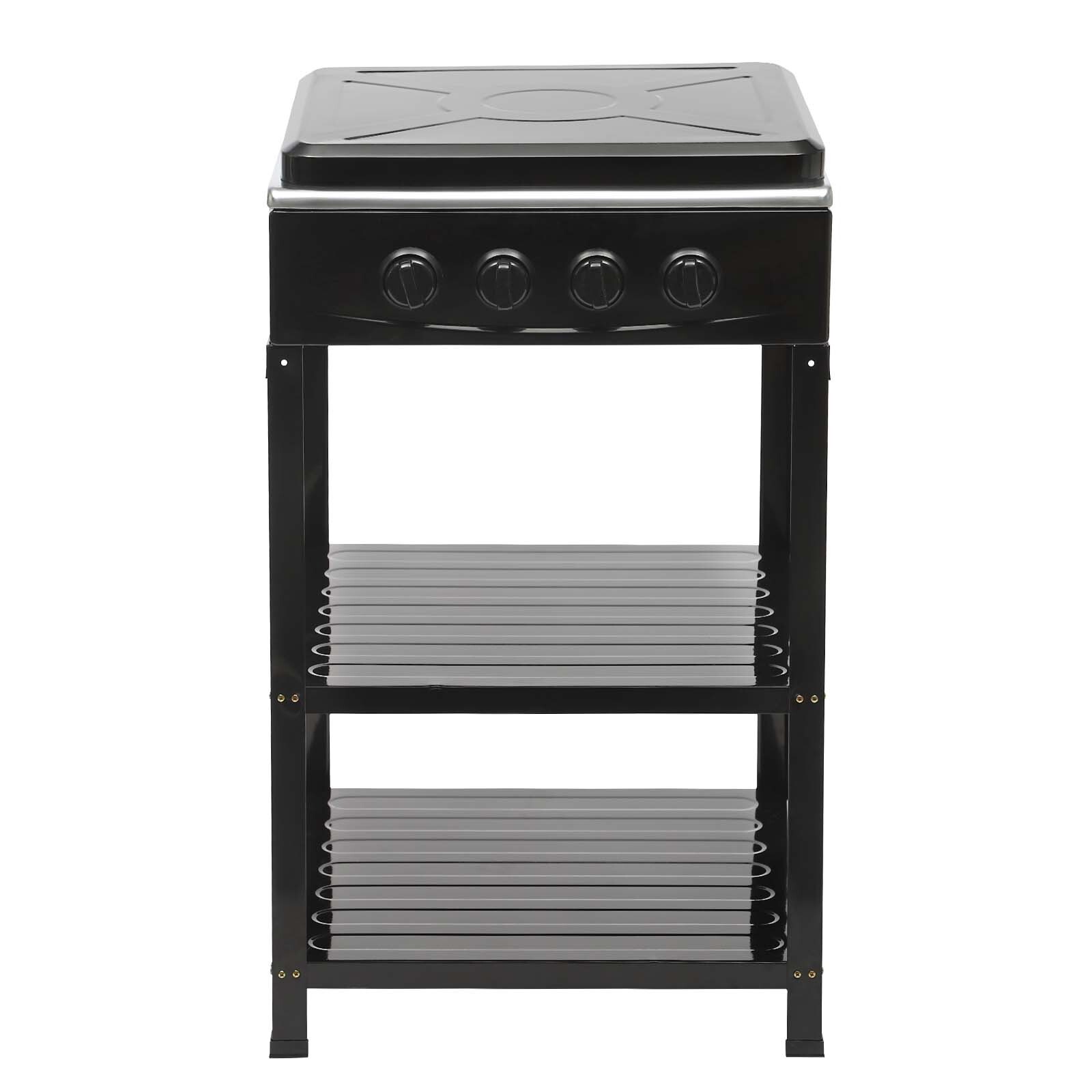 Outdoor Gas 4 Burner Stove Cooker w/Iron Stand 2-Tier Storage w/Windshelter Lid