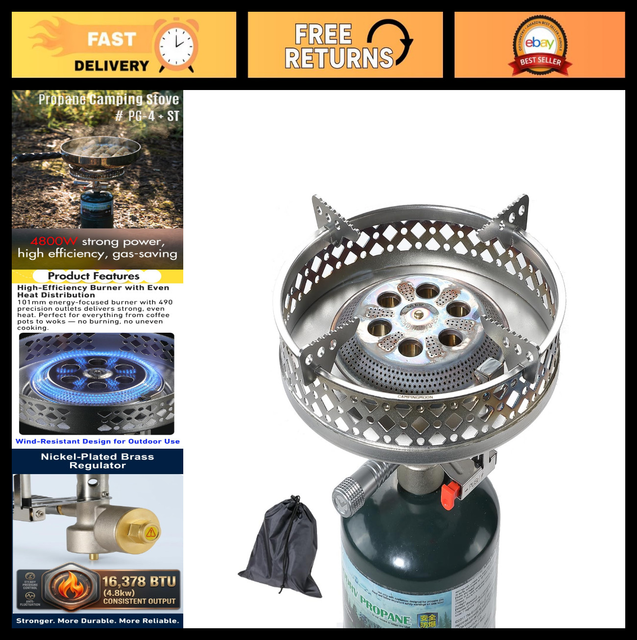 Portable Propane Camping Stove – High Output Single Burner, Piezo Ignition, Wind