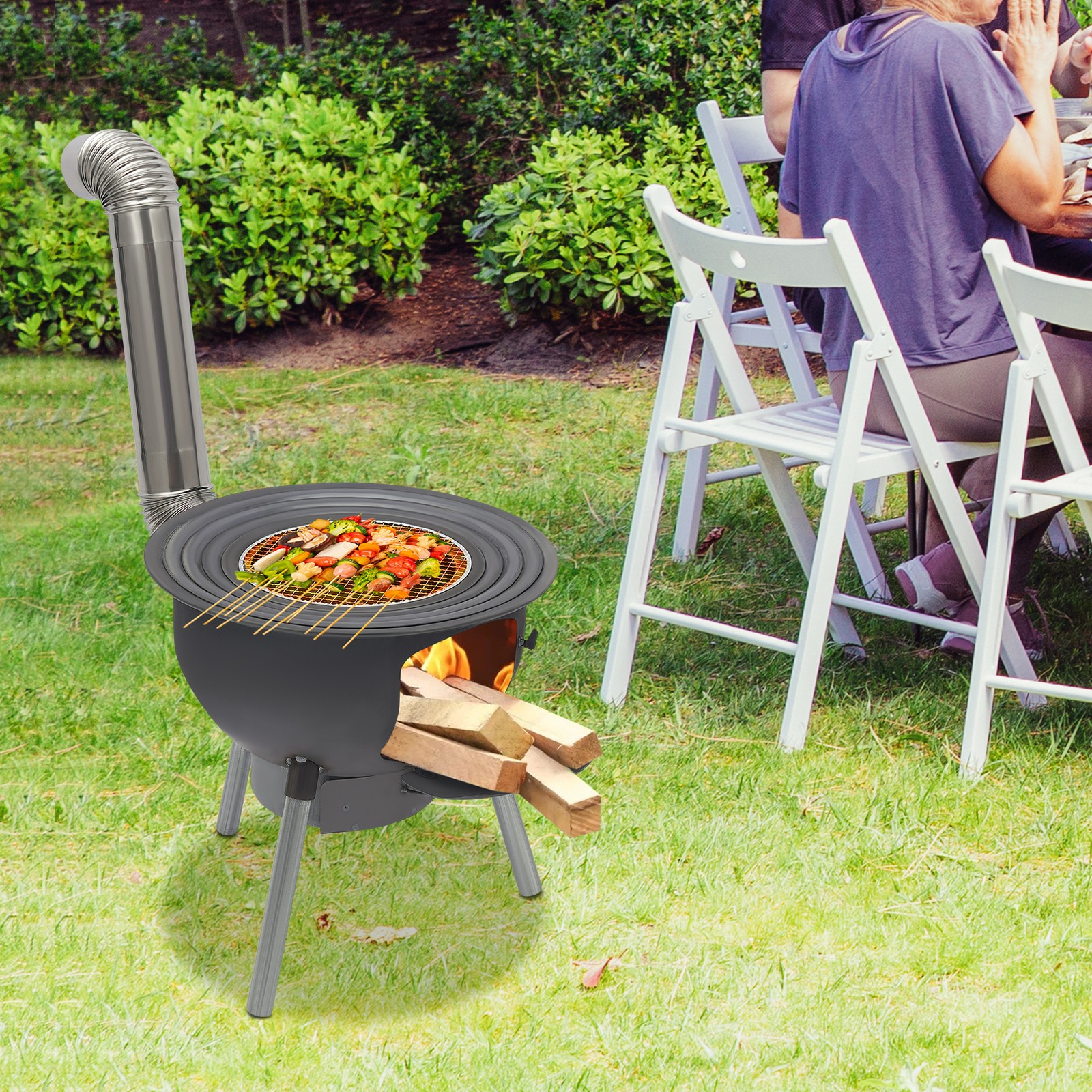 Wood Burning Stove with Grill Rack Charcoal Grill Camping Rocket Stove Outdoor