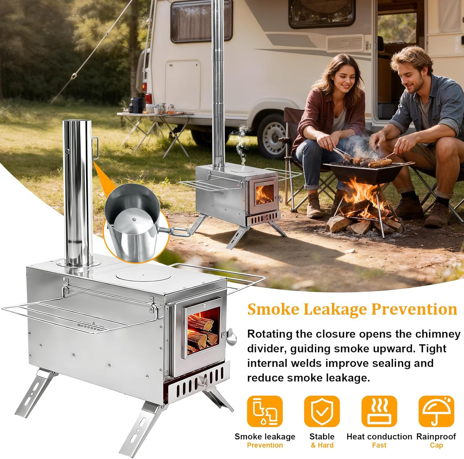 Stainless Hot Tent Stove 15In Wood Burning Stove with 6 Chimney Pipes for Outdoo
