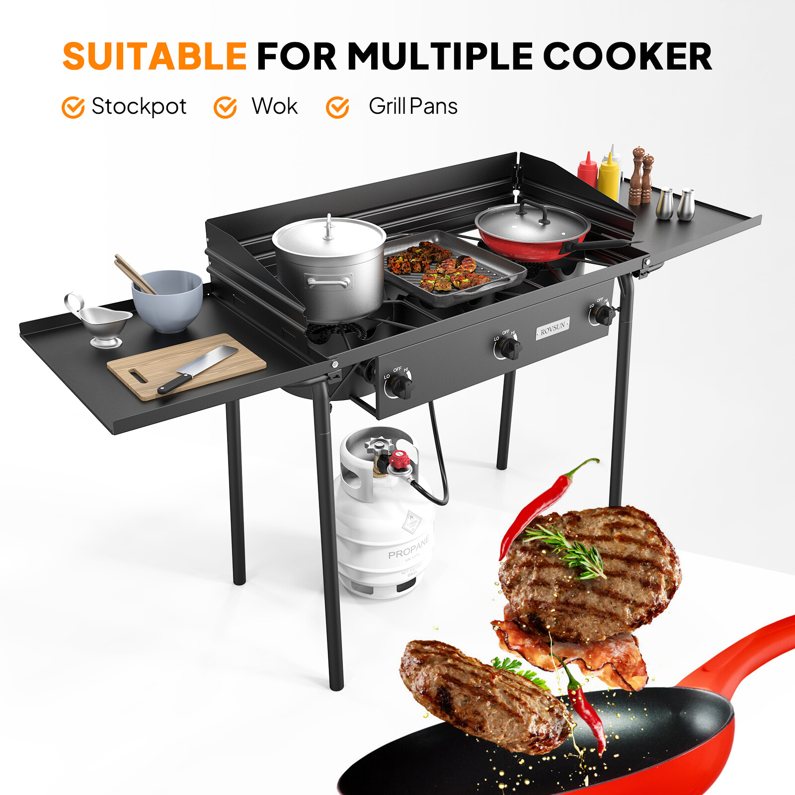 3 Burner Outdoor Propane Stove 225,000BTU Camping Gas Cooker Windscreen & Shelf