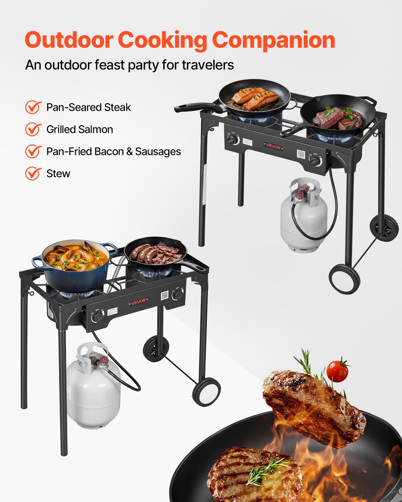 VEVOR 2 Burner Propane Gas Stove 150000 BTU Outdoor Camping Cooker with Wheels