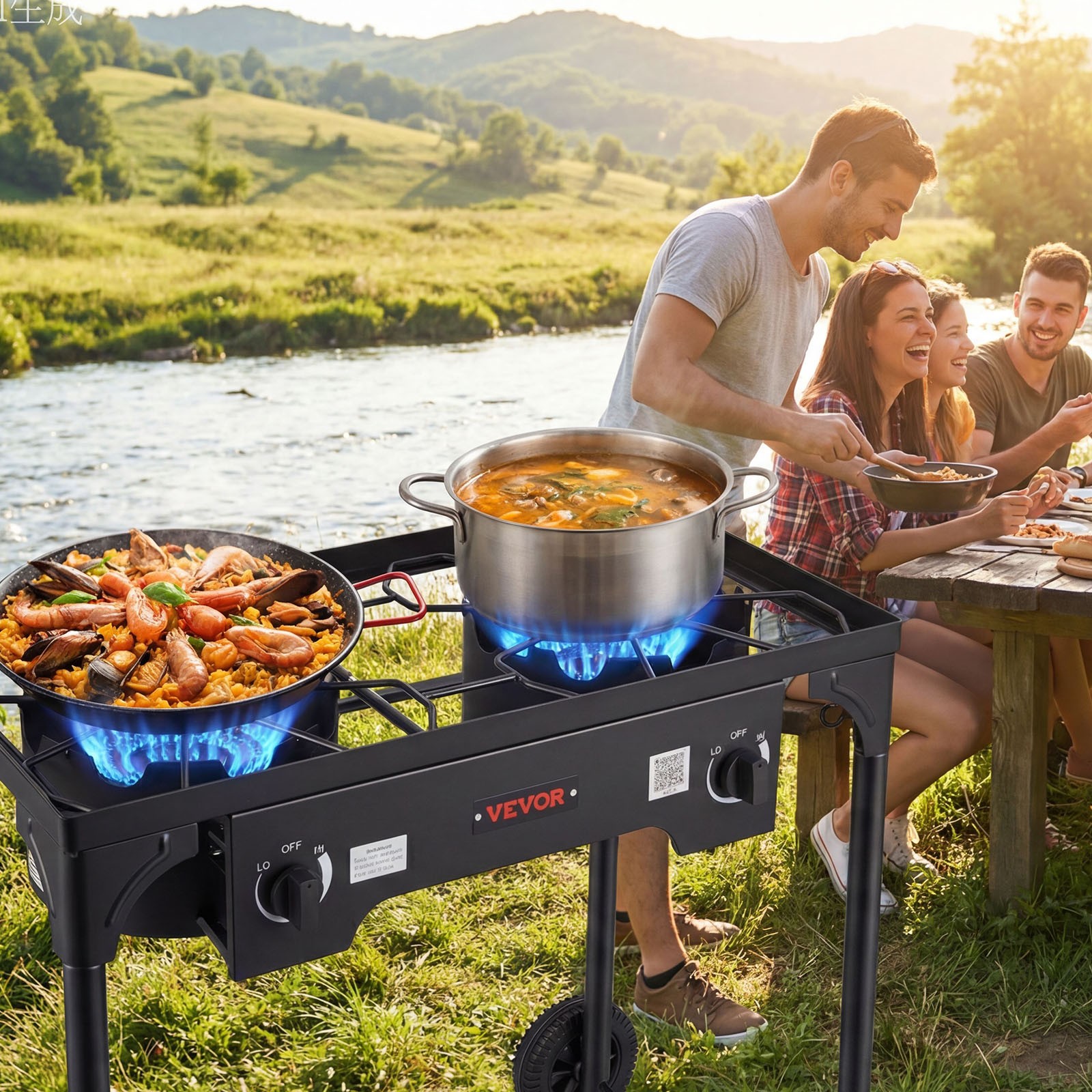 VEVOR 2 Burner Propane Gas Stove 150000 BTU Outdoor Camping Cooker with Wheels