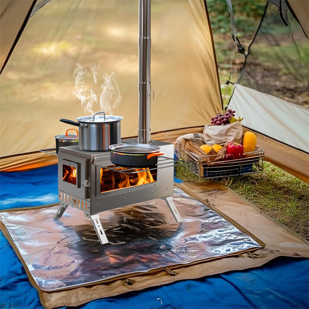 Outdoor Camping Wood Burner Tent Stove with Chimney Pipes,Tool,Bag,Ground Stakes