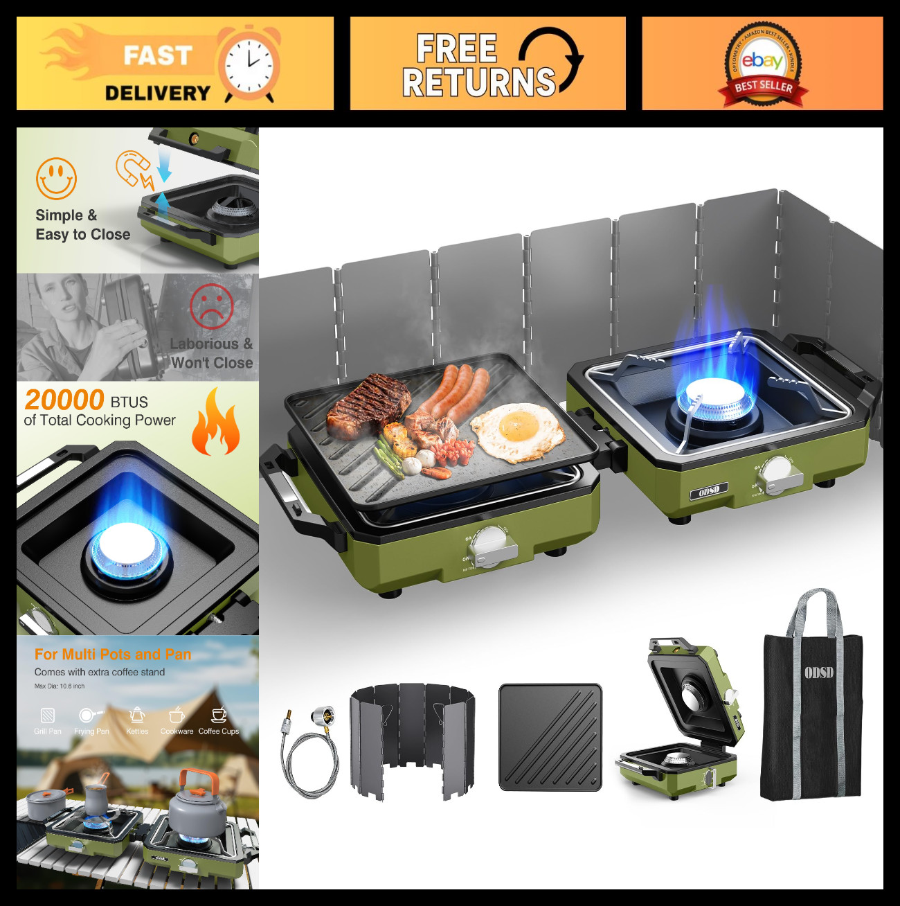 Portable 2 Burner Camping Stove with Windshield, 20000 BTU Propane, Frying Pan &