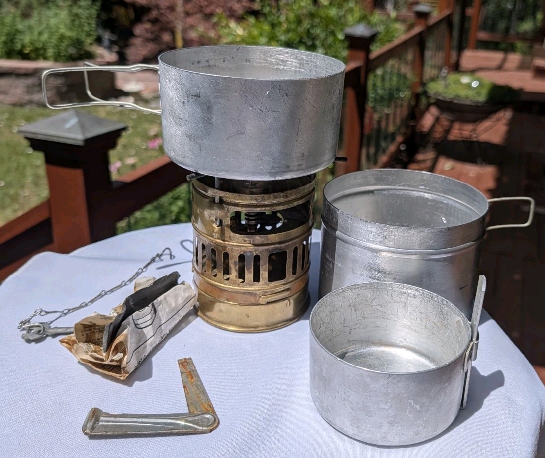 Vintage Svea 123 Brass Backpacking Camp Stove Optimus Sweden w/ Safety Chef Pots