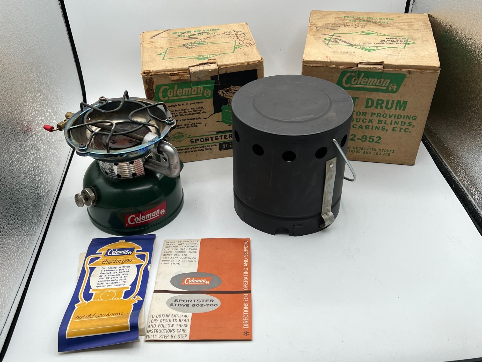 Vintage 1964 Coleman 502-700 Sportster Camp Stove & Heat Drum 502-952 w/ Boxes