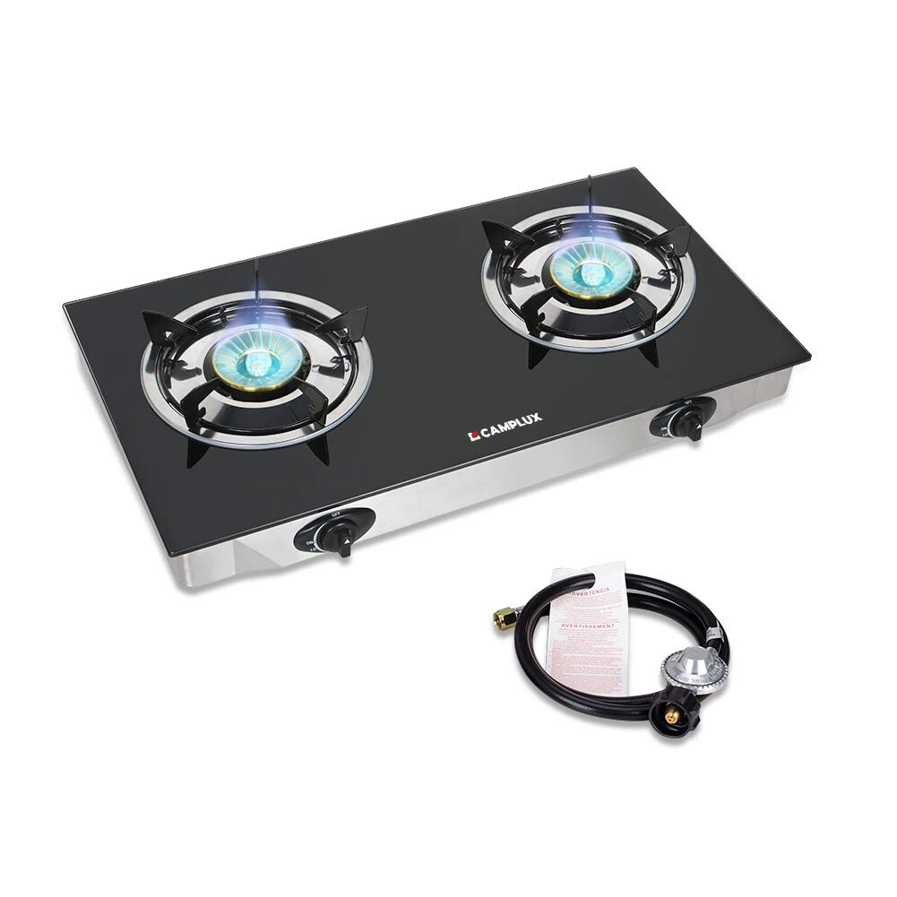 Portable Gas Camping Stove Dual Burner Outdoor Glass Cooktop RV Overland Truck