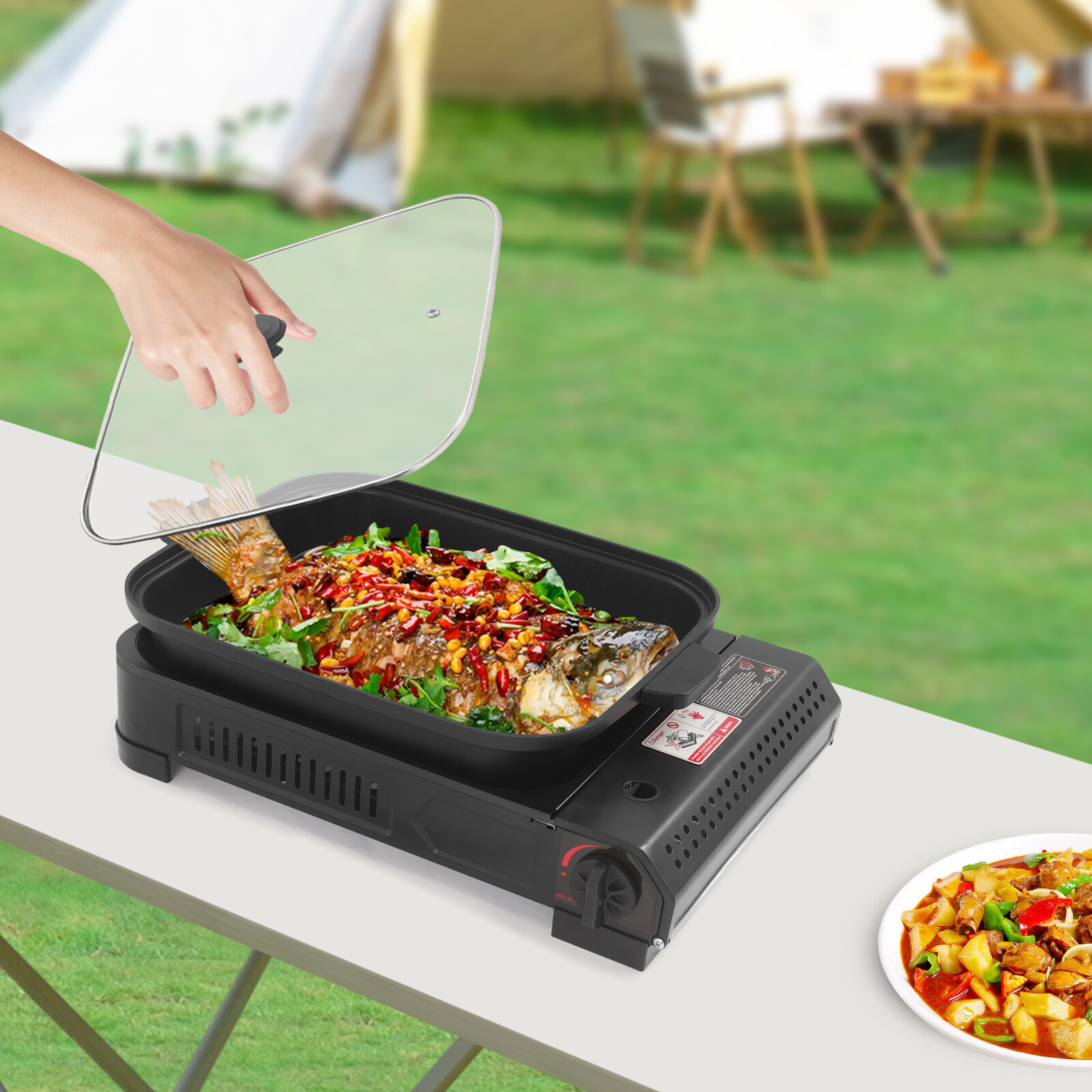 Stove with Grill Pan and Lid Portable Gas Stove Butane Gas Camping Stove Black