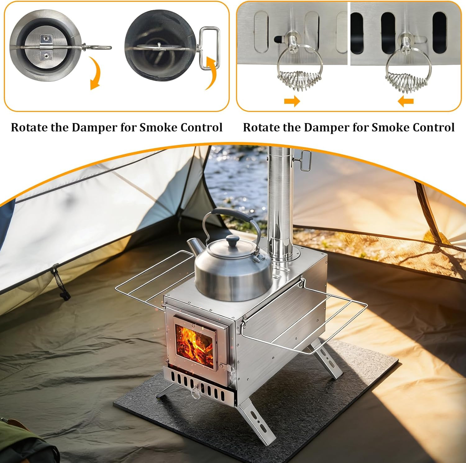 Stainless Hot Tent Stove 15In Wood Burning Stove with 6 Chimney Pipes for Outdoo