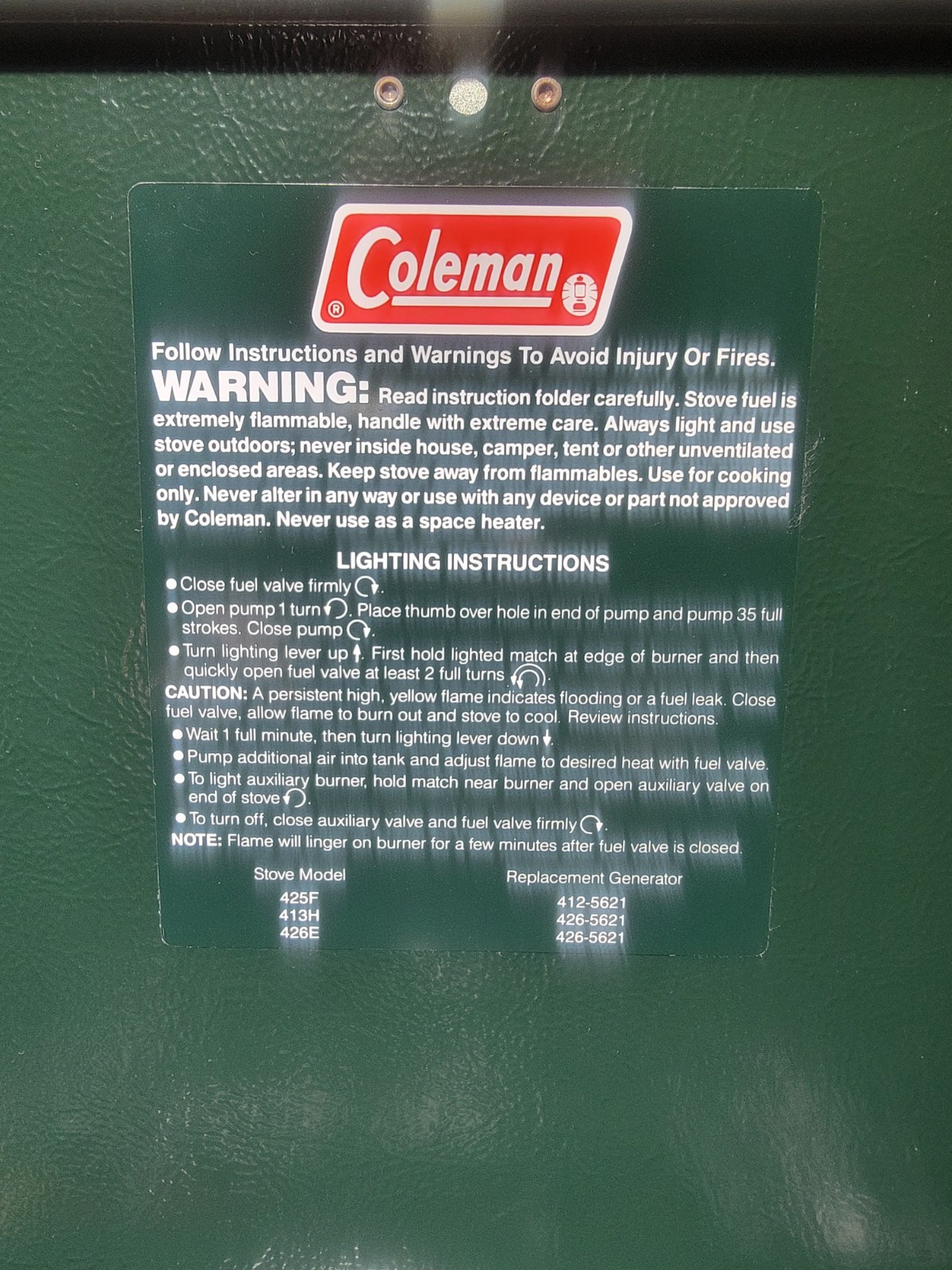 1987 Coleman 425F499 Gas Stove 2 Burner Green NEVER USED