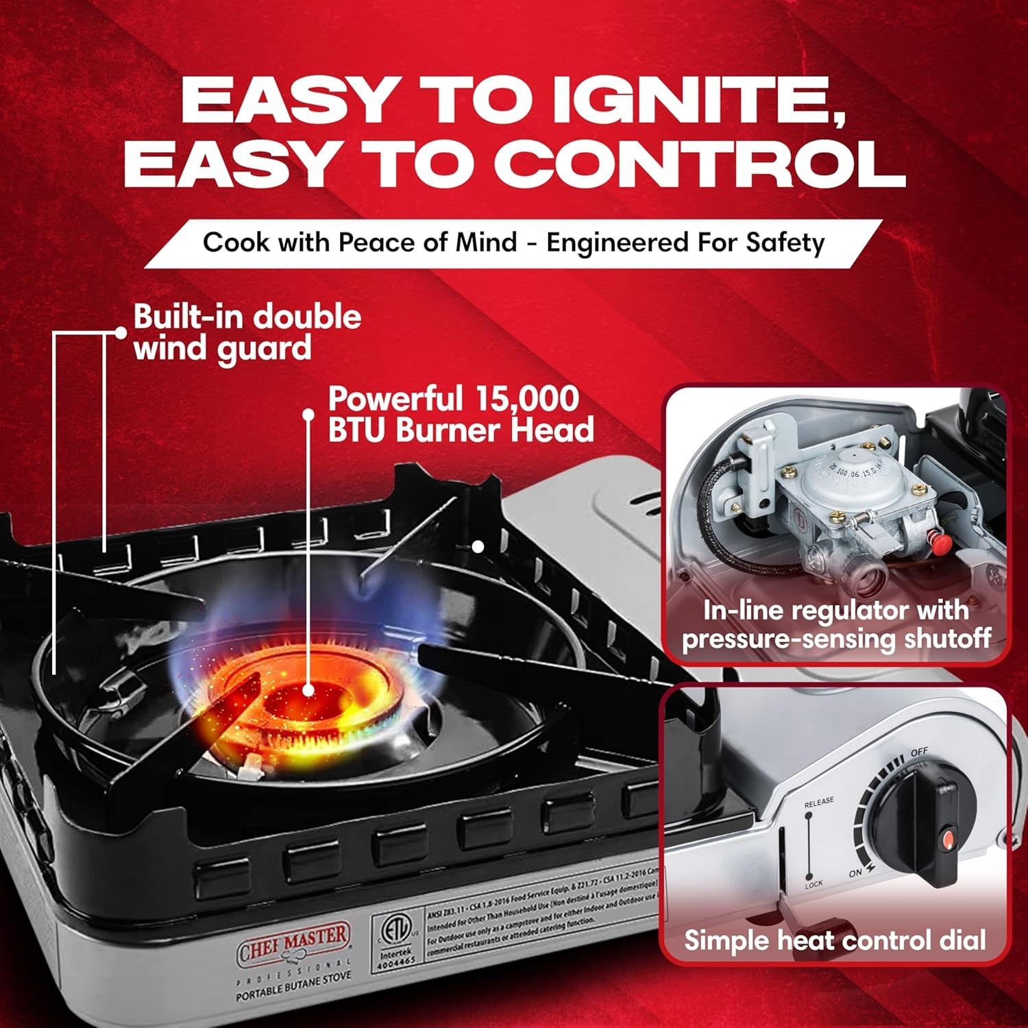 Efficient Portable Butane Camp Stove – 15,000 BTU, Safety Shut-Off & Ignition