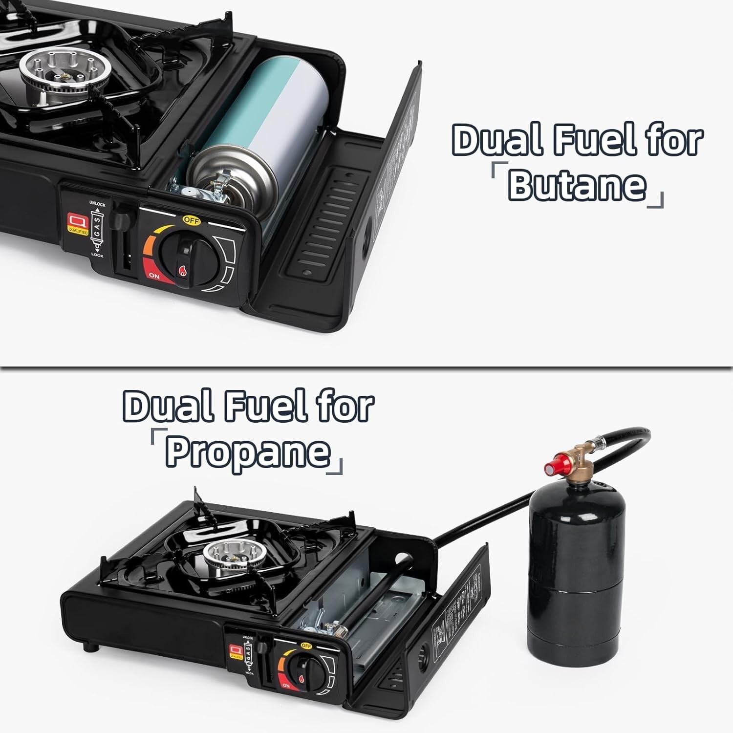 Black Dual Fuel Stove Portable Camping Stove W/ Case & Propane Regulator Hose #