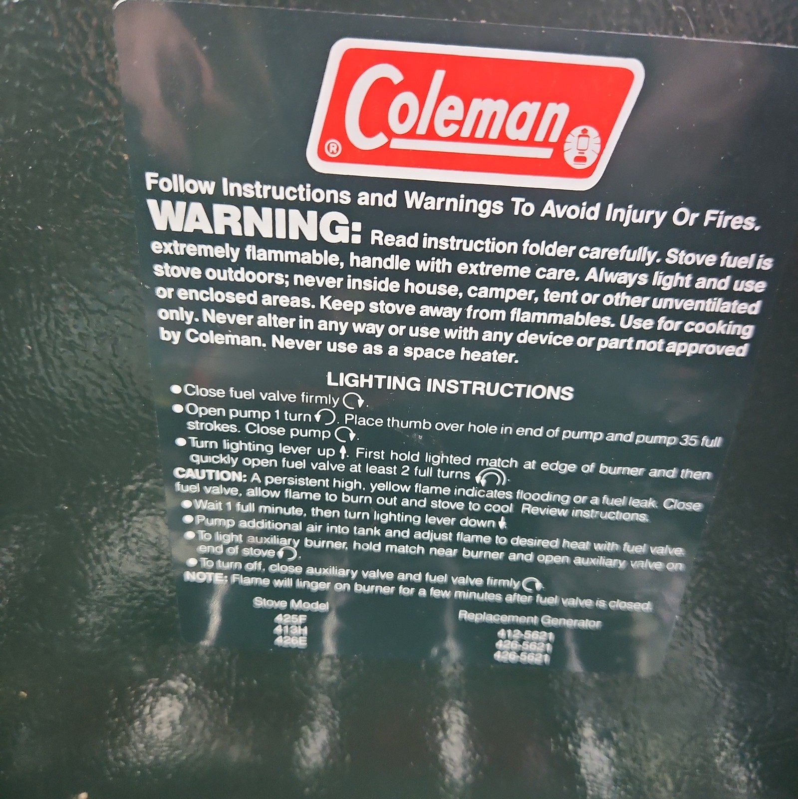 Vintage Coleman 425F Two Burner Gas (Fuel) Camping Stove Green 5/1990 VERY NICE!