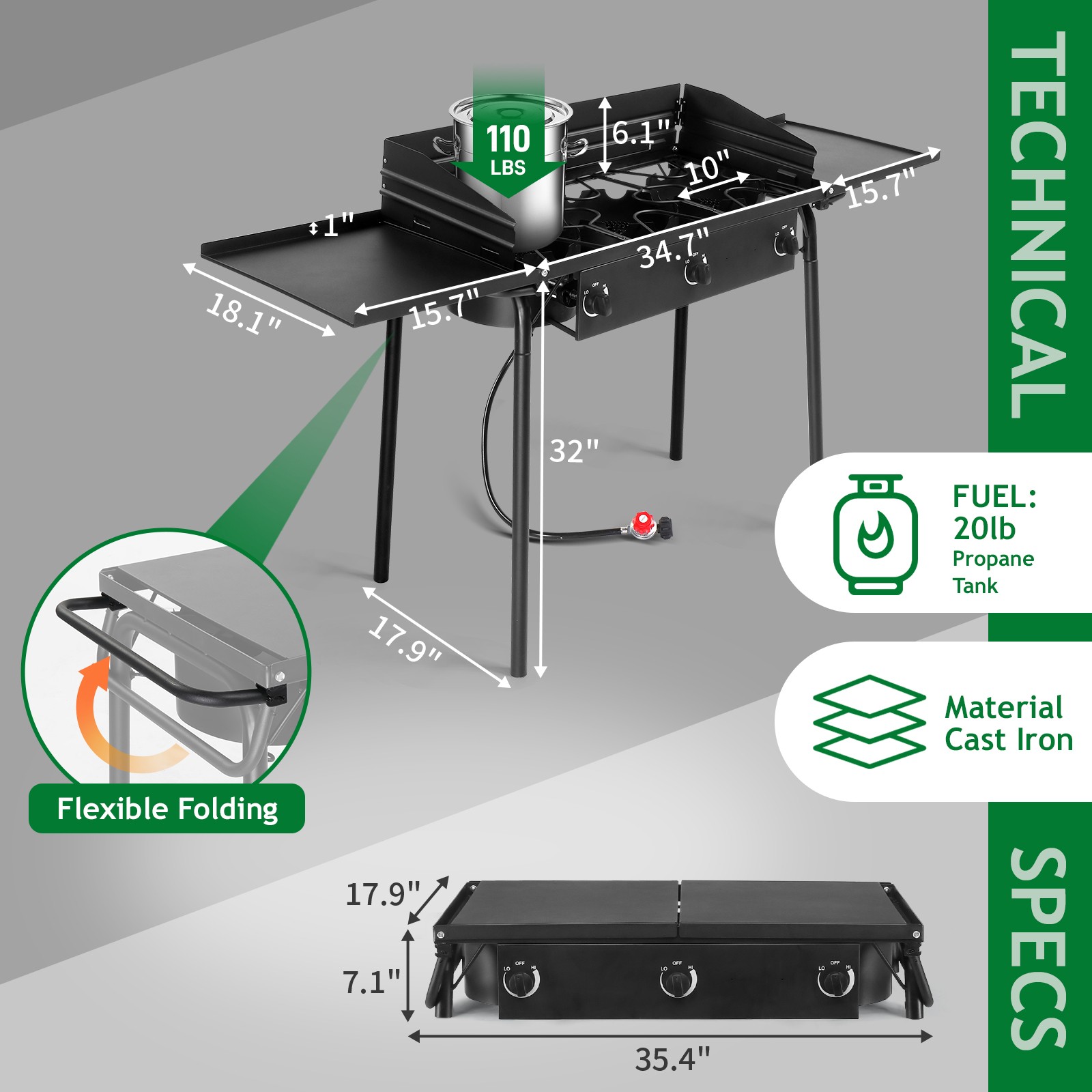 Propane 225,000-BTU 3 Burner Gas Cooker Outdoor Camping Stove BBQ Grill w/ Shelf