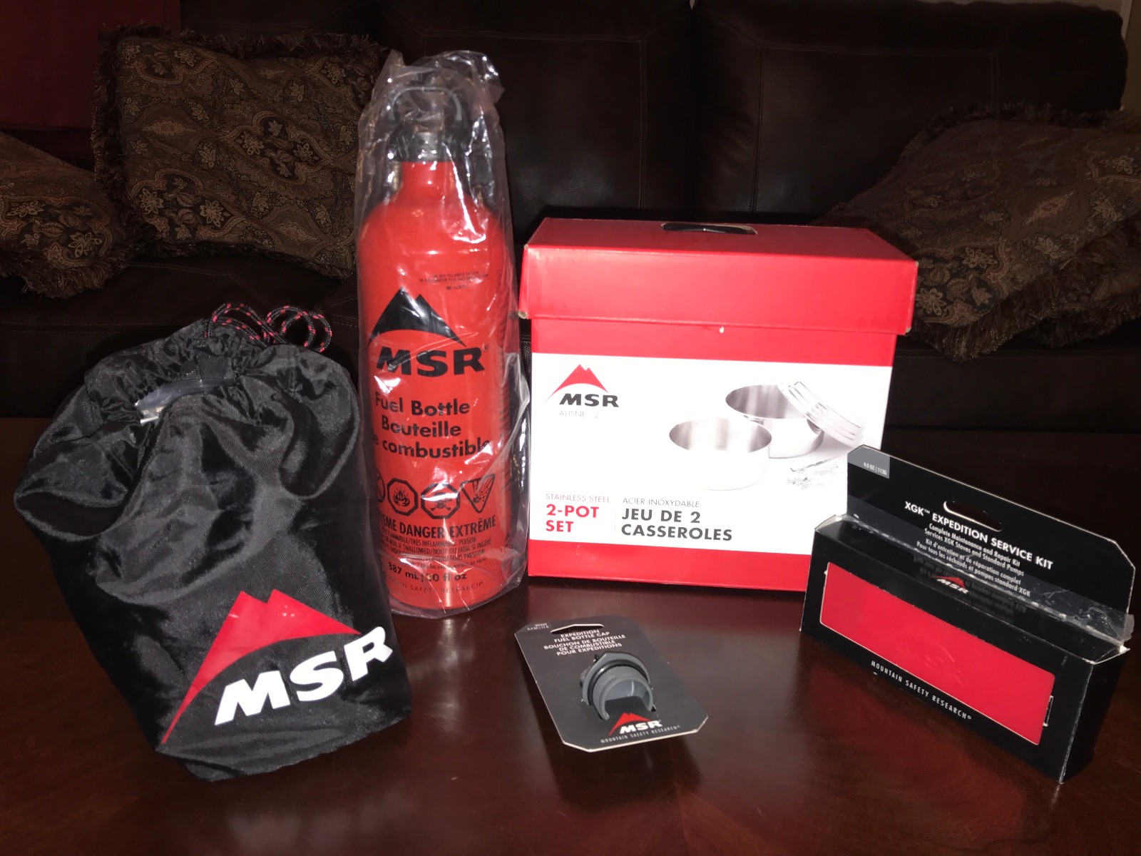 Preowned MSR XGK EX Stove w/ NEW 30 oz Fuel Bottle, MSR Alpine Pot Set, Etc.