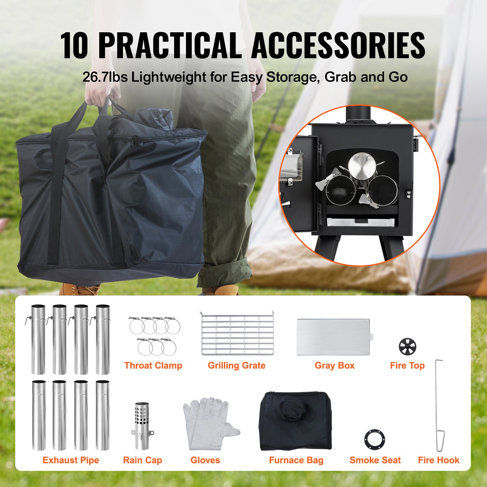 VEVOR Portable Wood Stove Camping Hot Tent BBQ Stove 86 in for Outdoor w/ Pipes