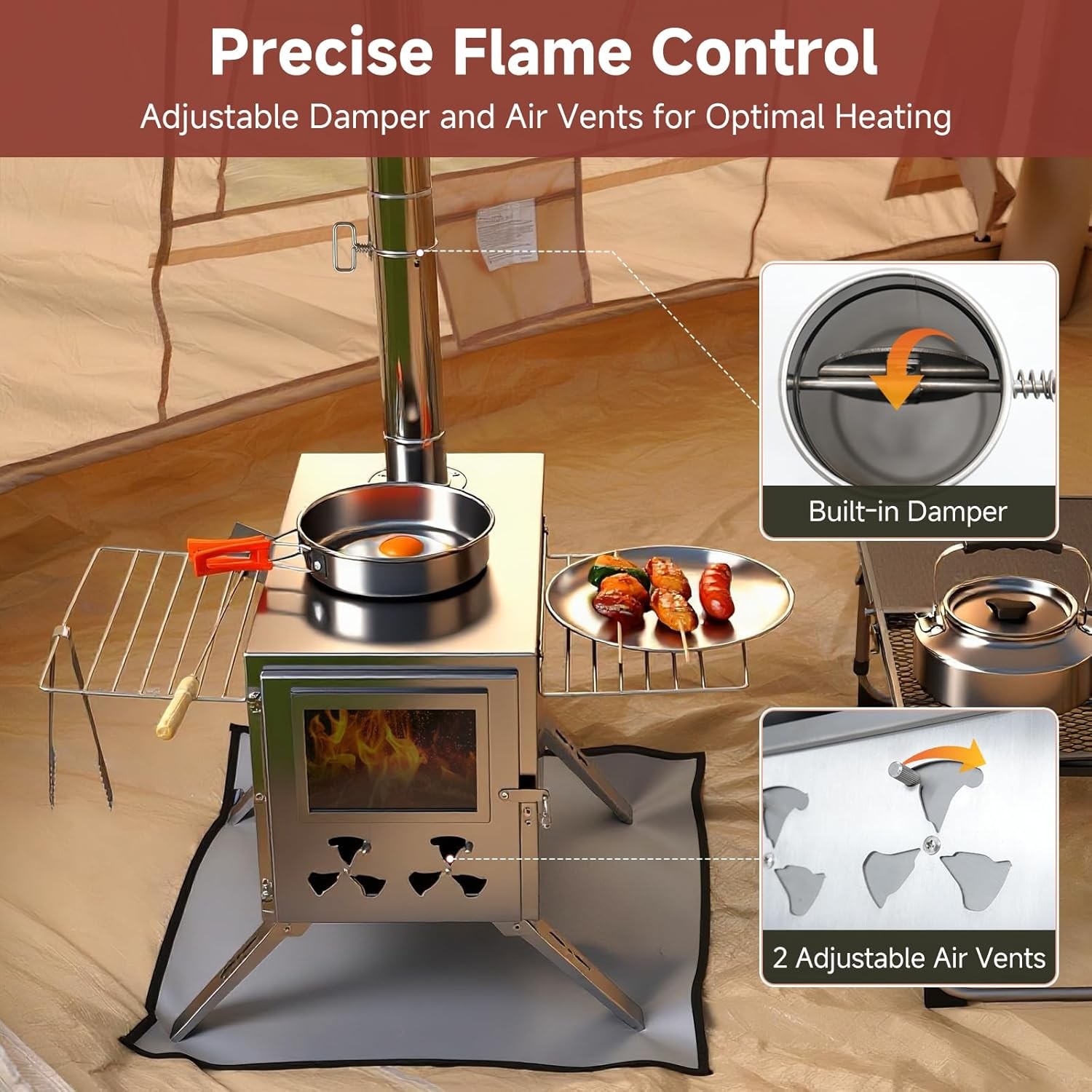 MOPHOTO 2in1 Sauna Hot Tent Stove Burning Stove With Stone Box 8 Chimney Pipes