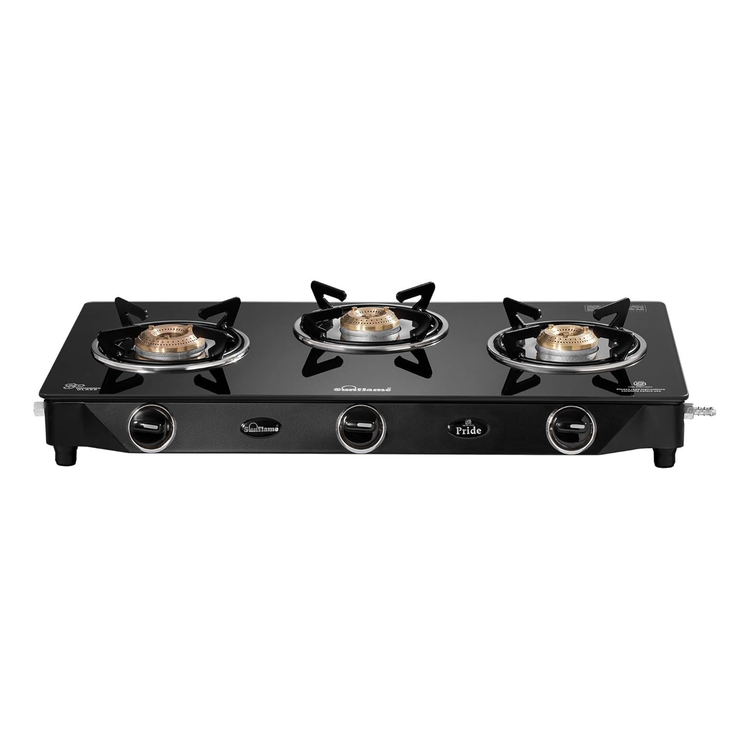 Sunflame Pride 3 Burner Gas Stove Glass Top 68.5 cm Wide, Brass Burners Black