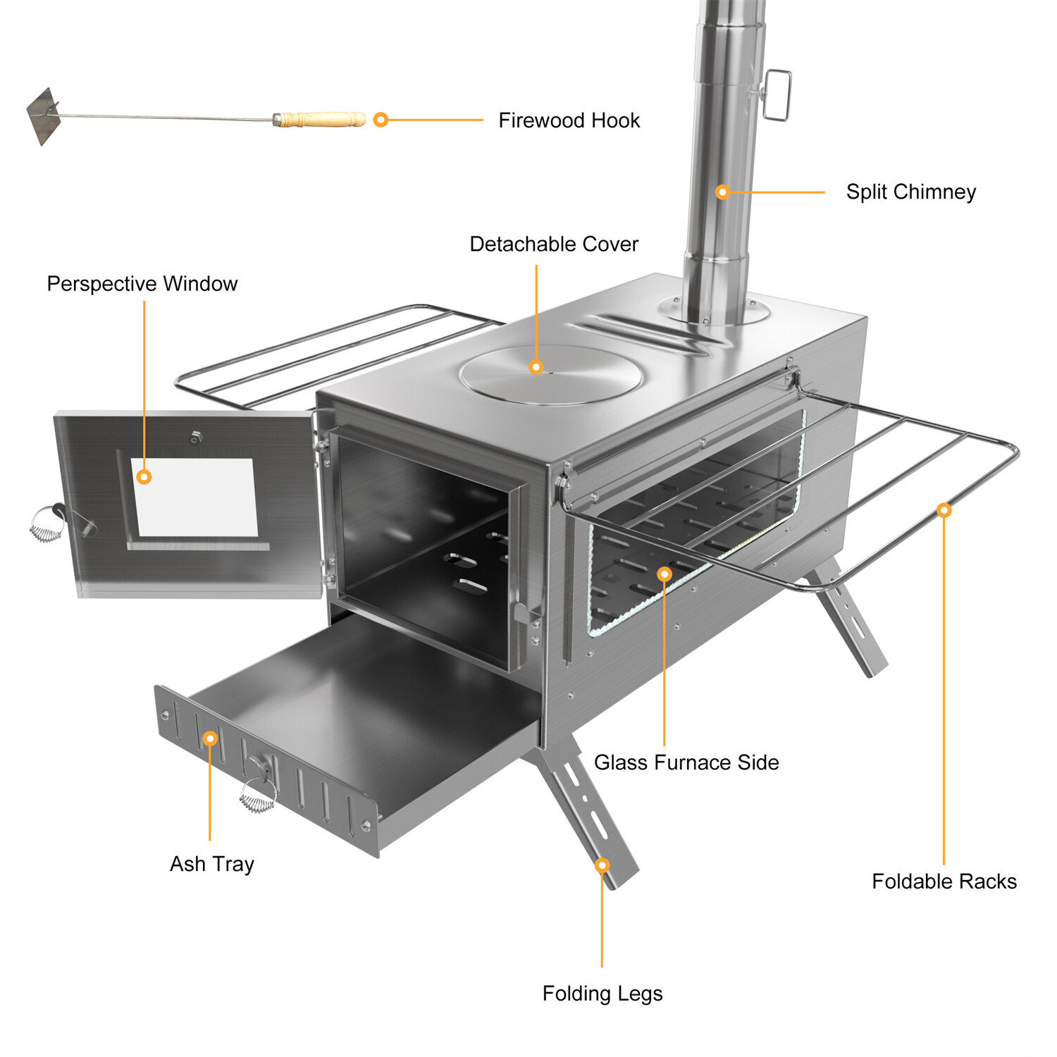 Fire Resistant Hot Tent Stove w/ 7 Chimney Pipe, Stakes and Carry Bag Wood Stove