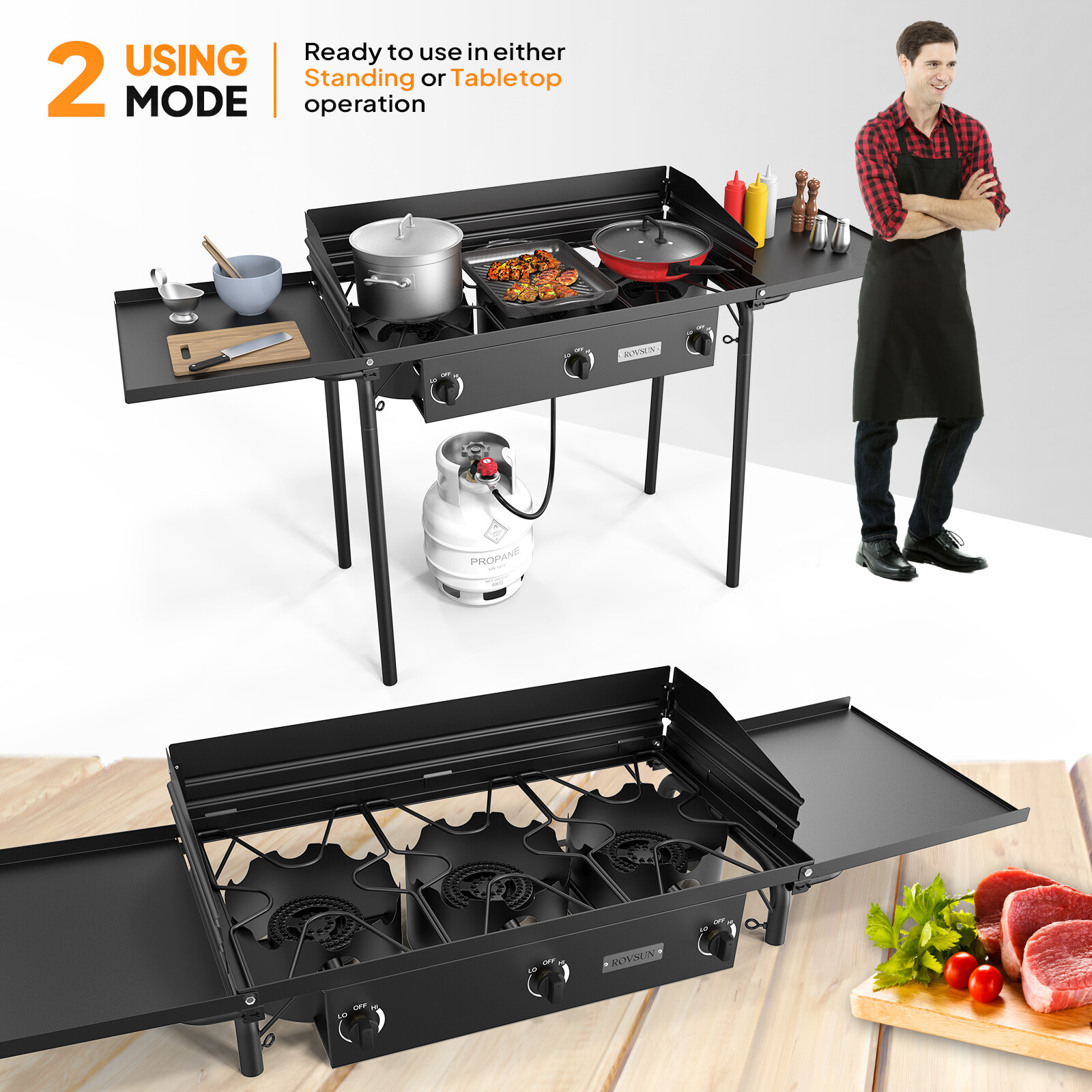 3 Burner Outdoor Propane Stove 225,000BTU Camping Gas Cooker Windscreen & Shelf