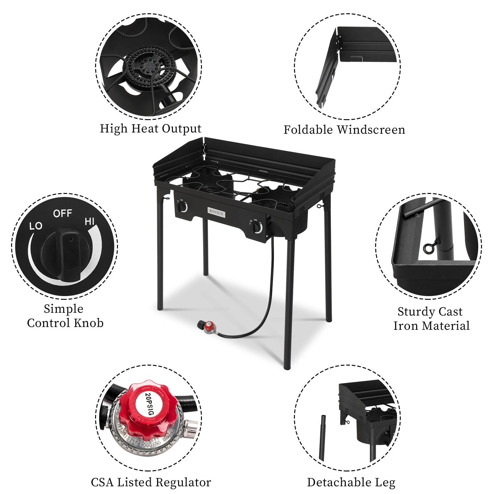 2 Burner 150,000 BTU Outdoor Camping Stove with Windscreen, Propane Gas Cooker