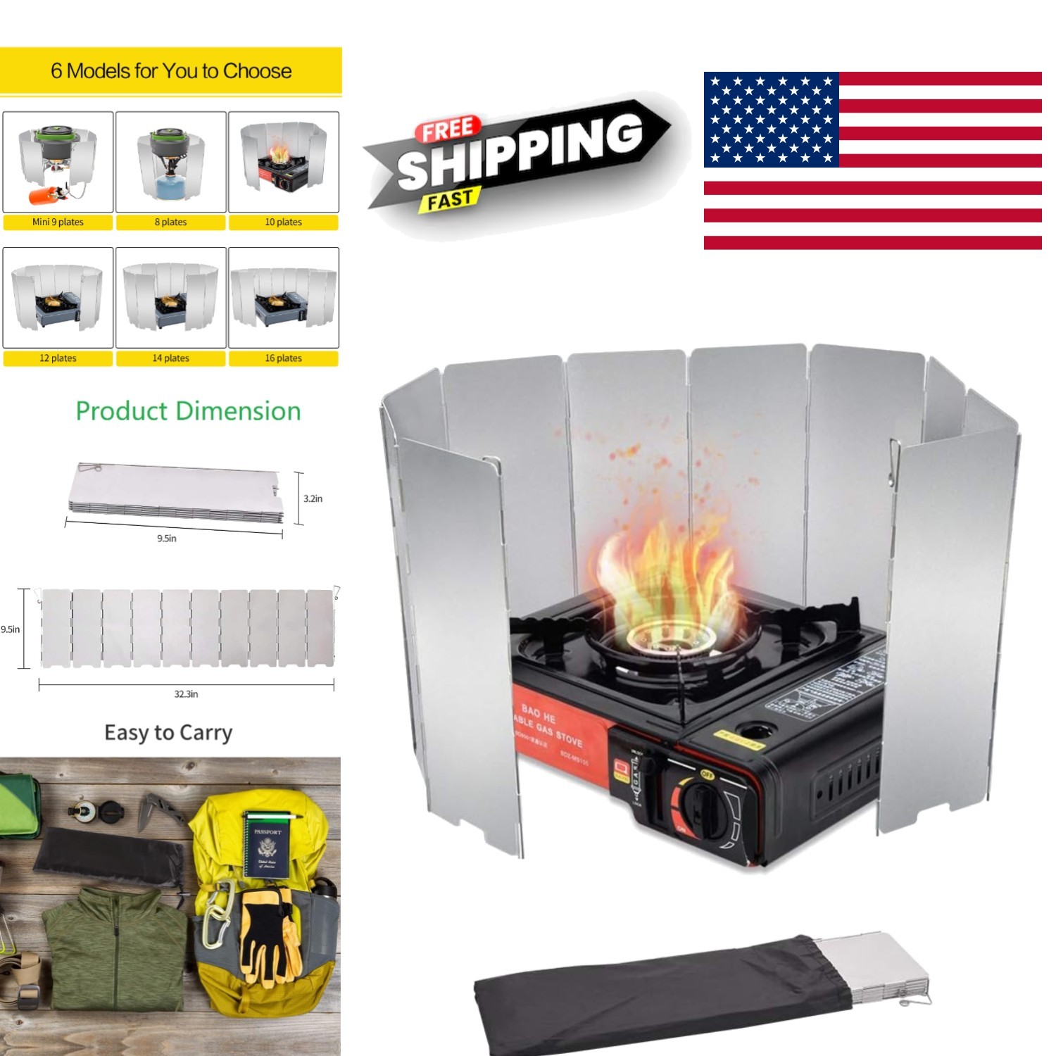 Portable Aluminum Stove Windshield with Drawstring Bag for Outdoor Cooking
