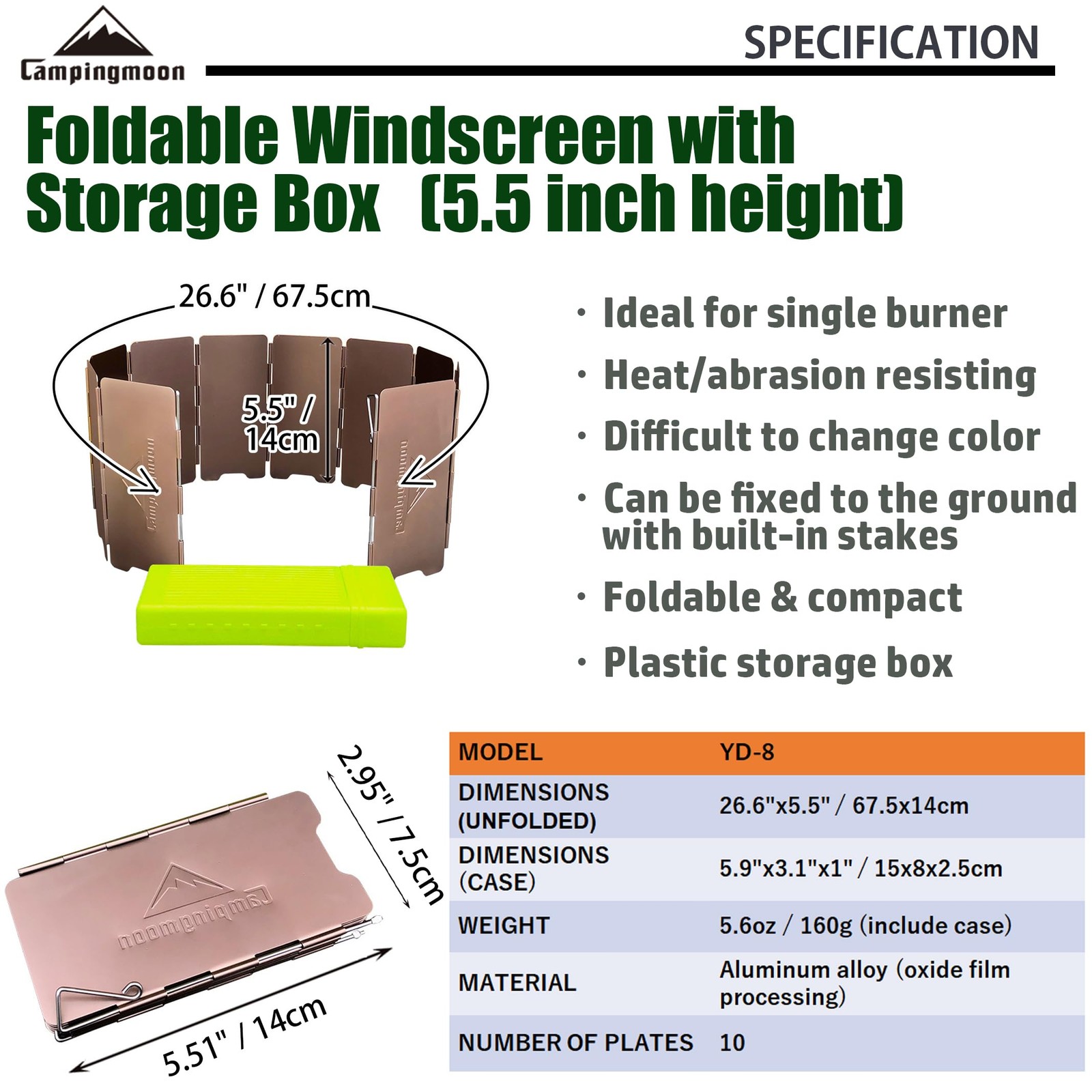 CAMPINGMOON 5.5 inch High Camping Stove Windshield with Storage Box YD-8
