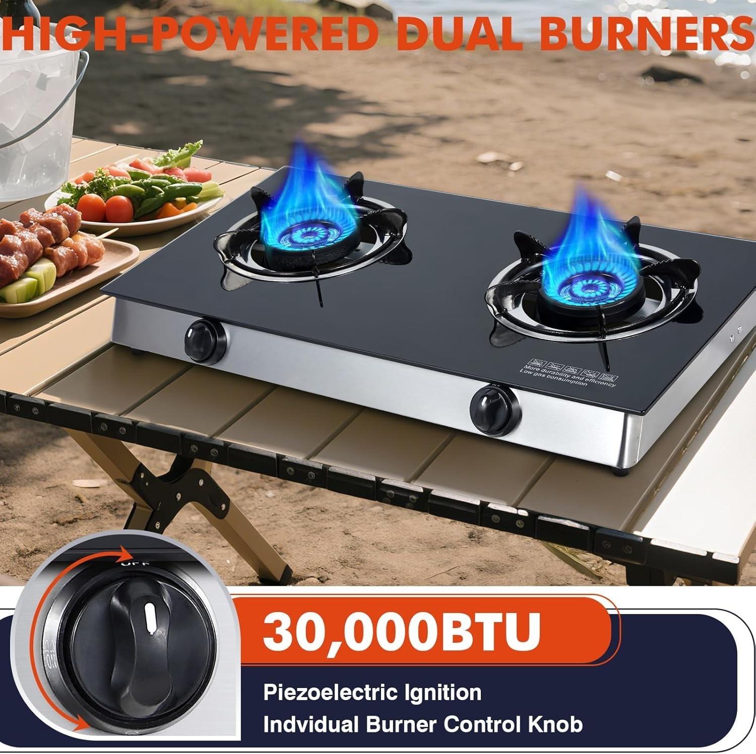 Propane Stove 2 Burner Gas Cooktop, Portable Tempered Glass Double Burner Stove