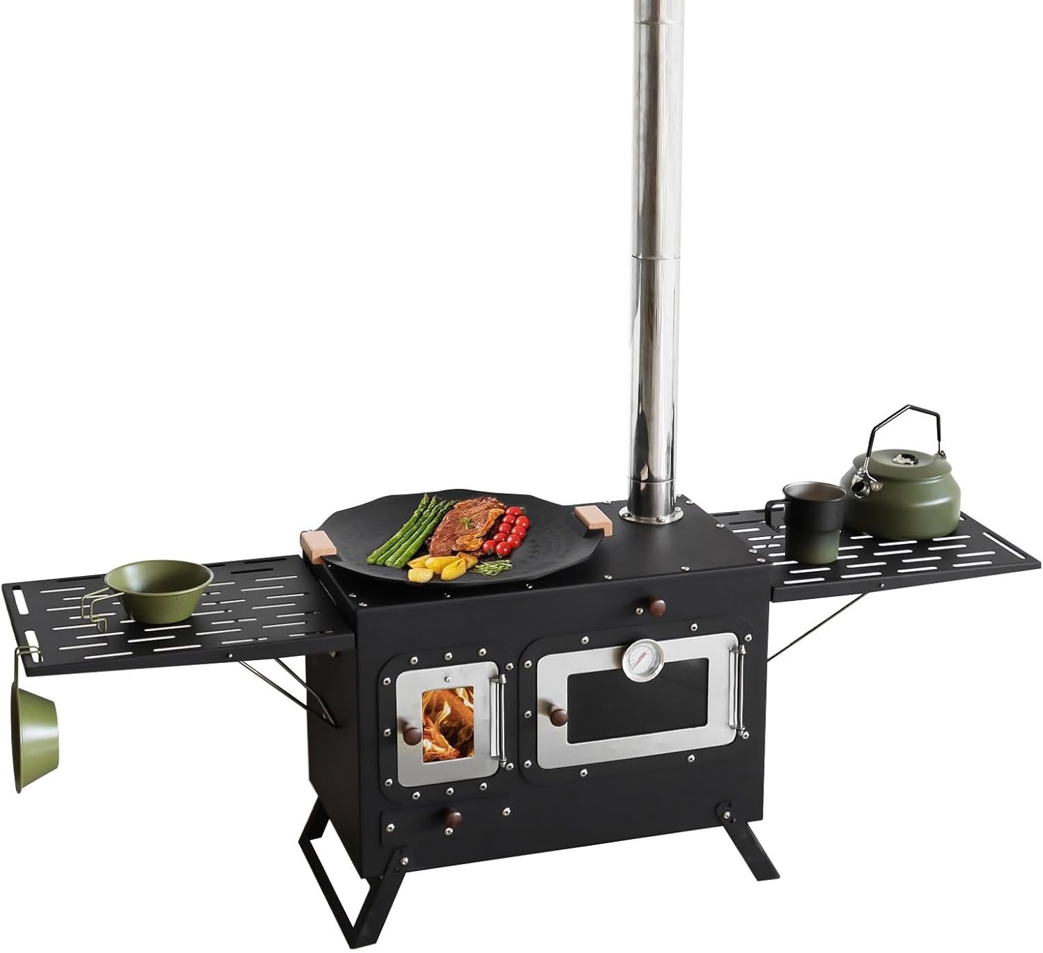 SOTECH Large Black Portable Camping Stove w/ Oven & Chimney for Hot Tent Outdoor