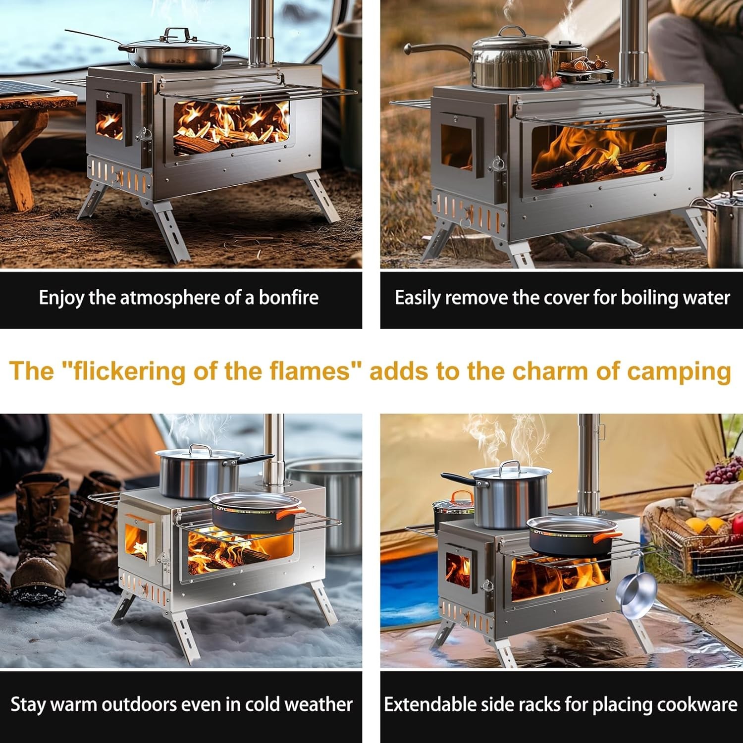 Portable Wood Burning Stove with 6 Stainless Chimney Pipes for Outdoor Hot Tent