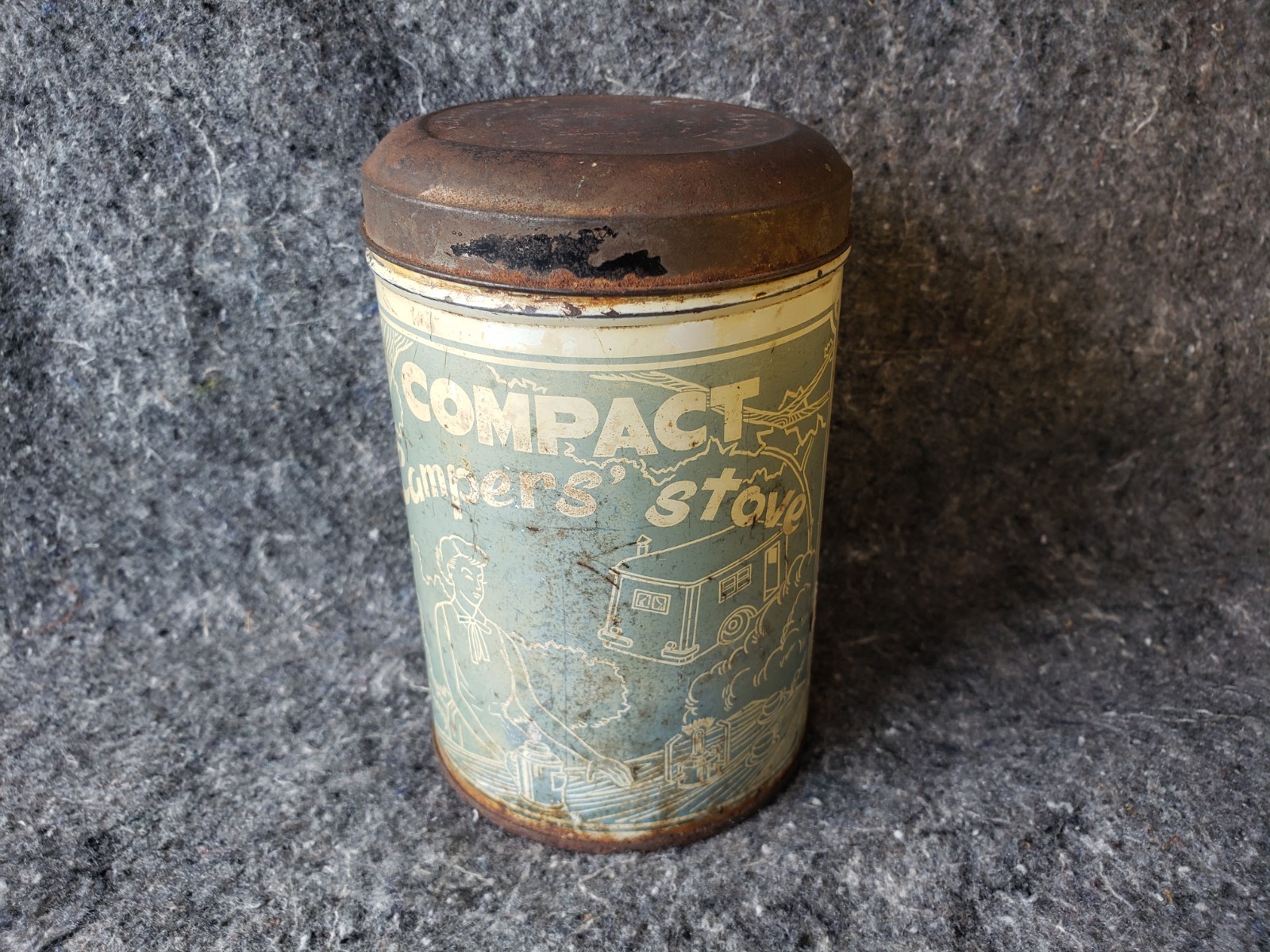 Compact Camper Stove in Tin Container, 40’s or 50’s. With fuel tank