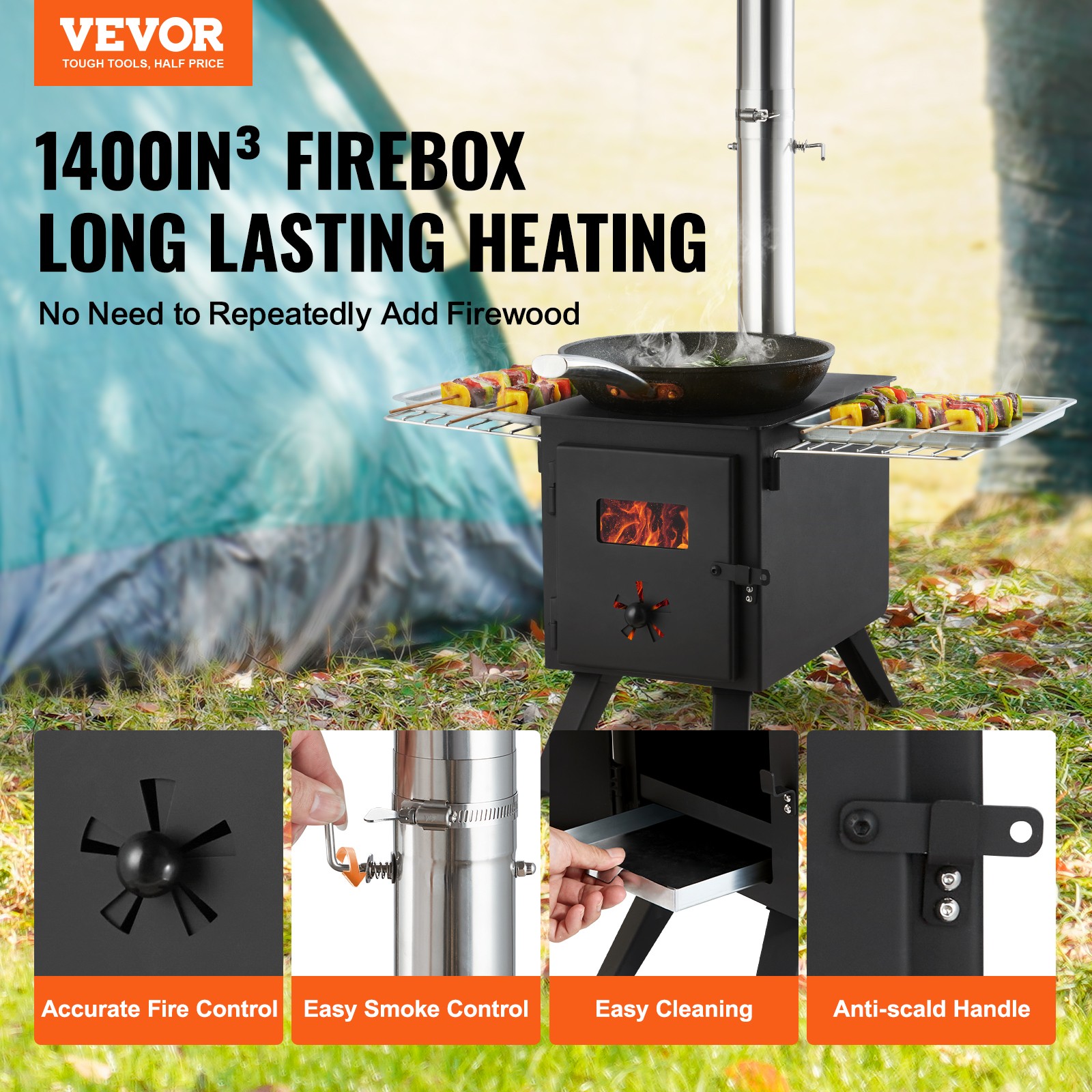 VEVOR Portable Wood Stove Camping Hot Tent BBQ Stove 86 in for Outdoor w/ Pipes