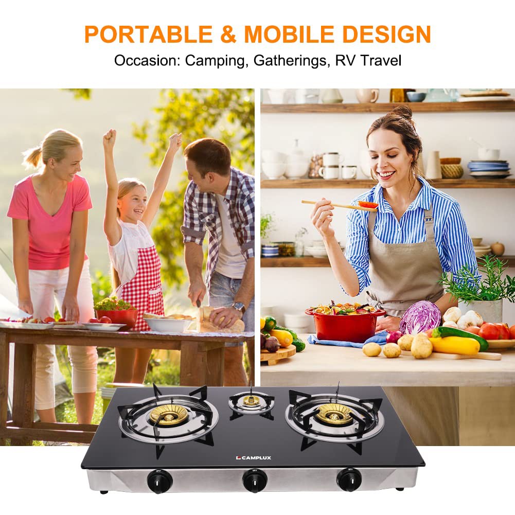 Camplux 3 Burners Propane Gas Stove with Auto Ignition Glass Table Top Outdoor