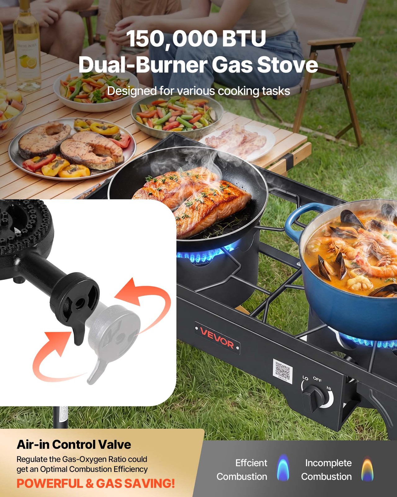 VEVOR 2 Burner Propane Gas Stove 150000 BTU Outdoor Camping Cooker with Wheels