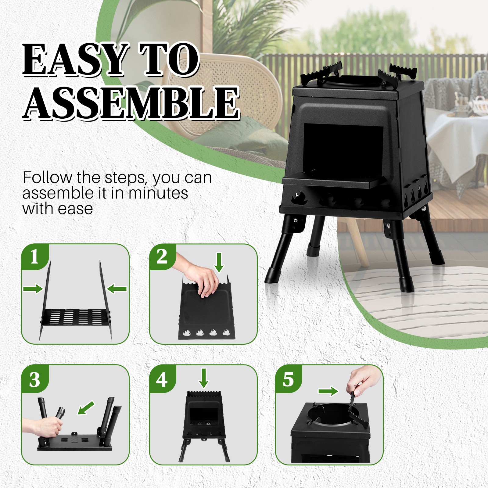 Wood Burning Tent Stove, Portable, for Camping Outside Black Outdoor