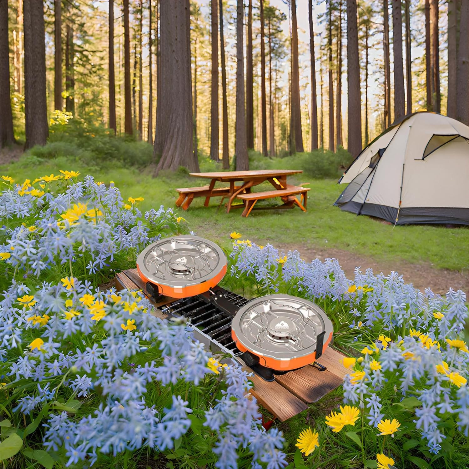 20,000 Btus 2 Burner Propane Camping Stove, Portable Folding Camp Stove with Adj