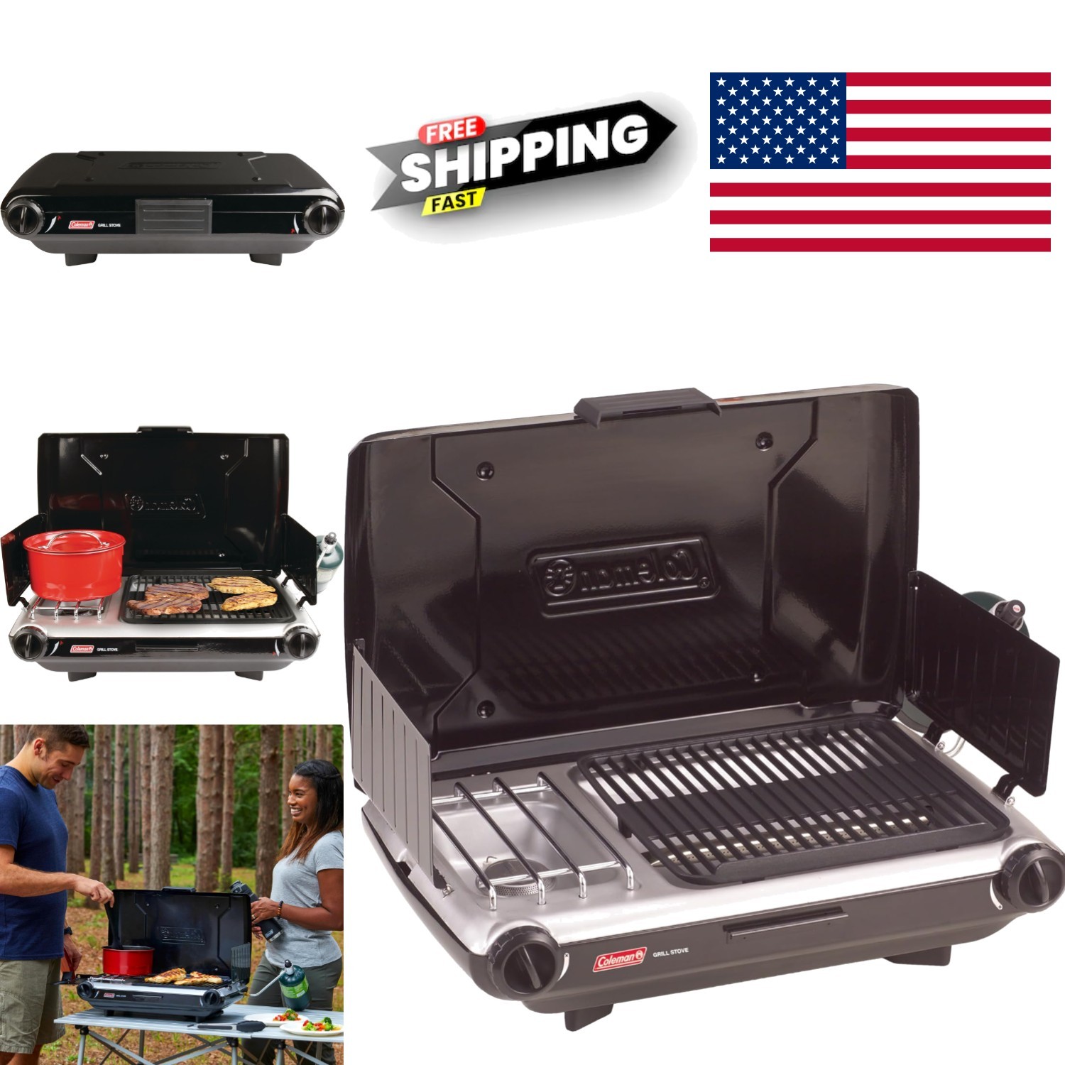 2 in 1 Camping Grill and Stove Combo with Adjustable Burners for Outdoor Cooking
