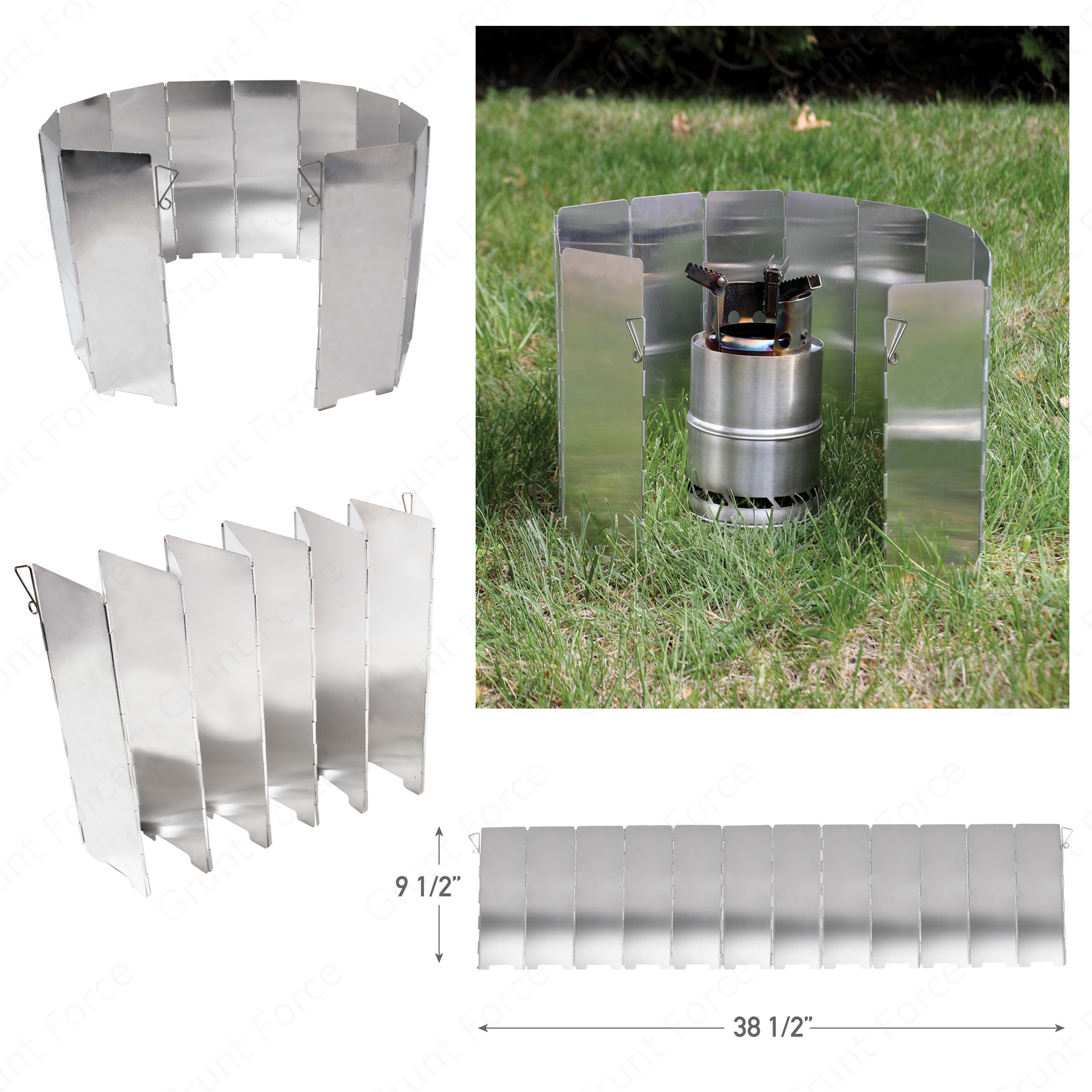 Camp Stove Folding Windscreen – 12 Panels with Two 9 Inch Aluminum Stakes