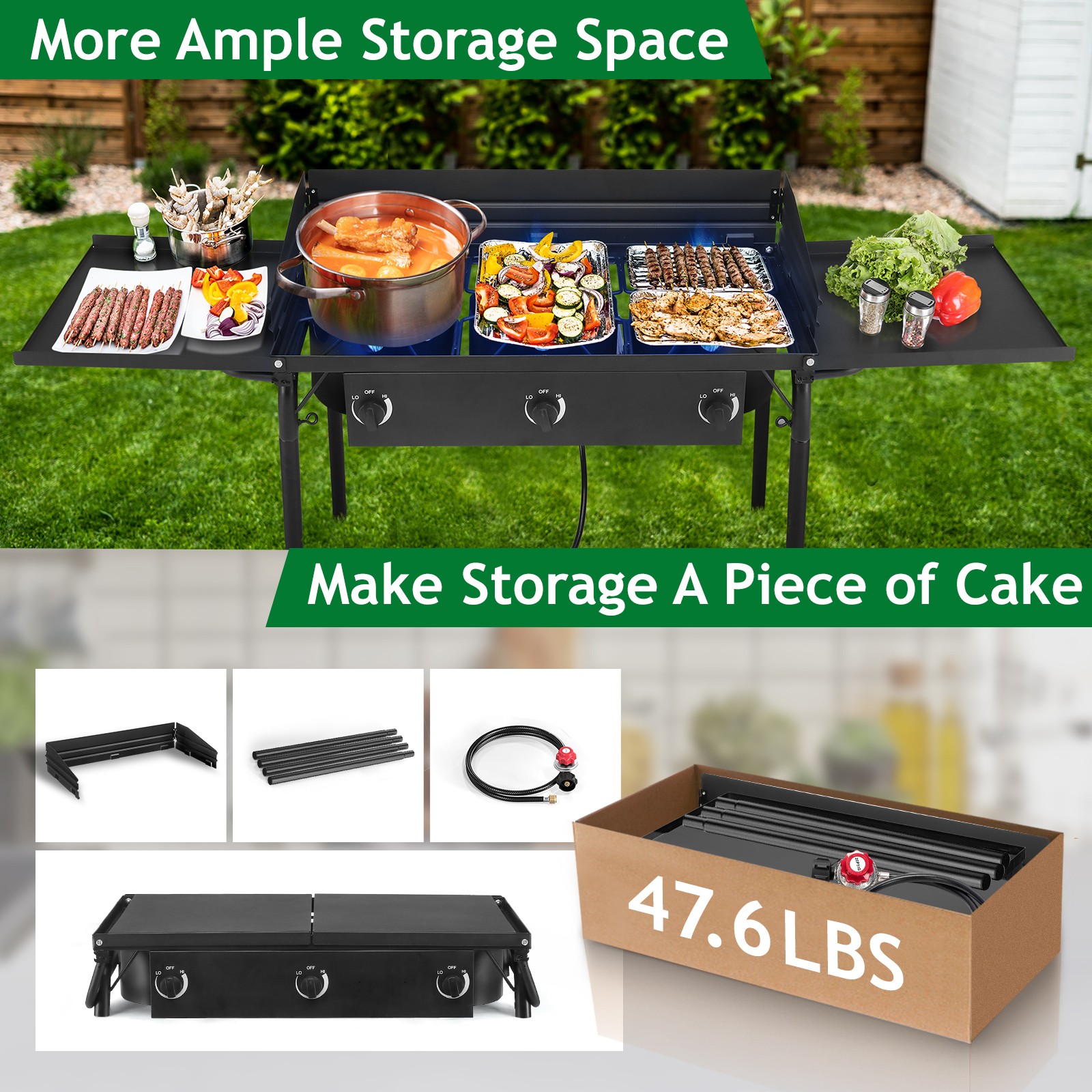Propane 225,000-BTU 3 Burner Gas Cooker Outdoor Camping Stove BBQ Grill w/ Shelf