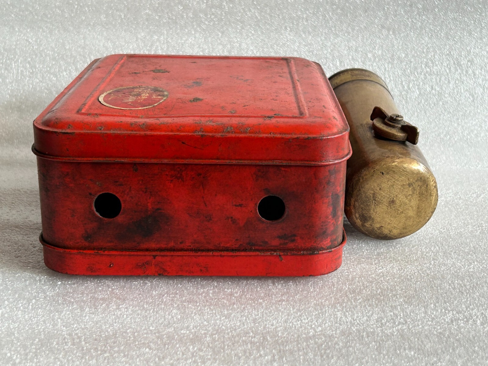 OLD VINTAGE VULCANO ALEMANIA BRASS KEROSENE CAMP STOVE WITH ORIGINAL TIN BOX