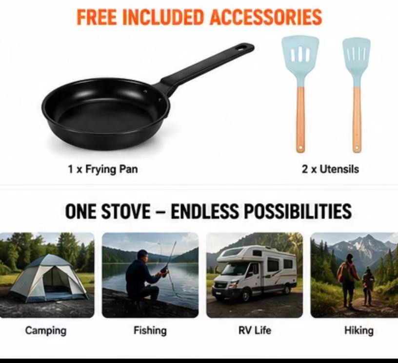 Portable Camping Rocket Stove Wood Burning Cooker w/ Frying Pan & 2 Spatulas Sur