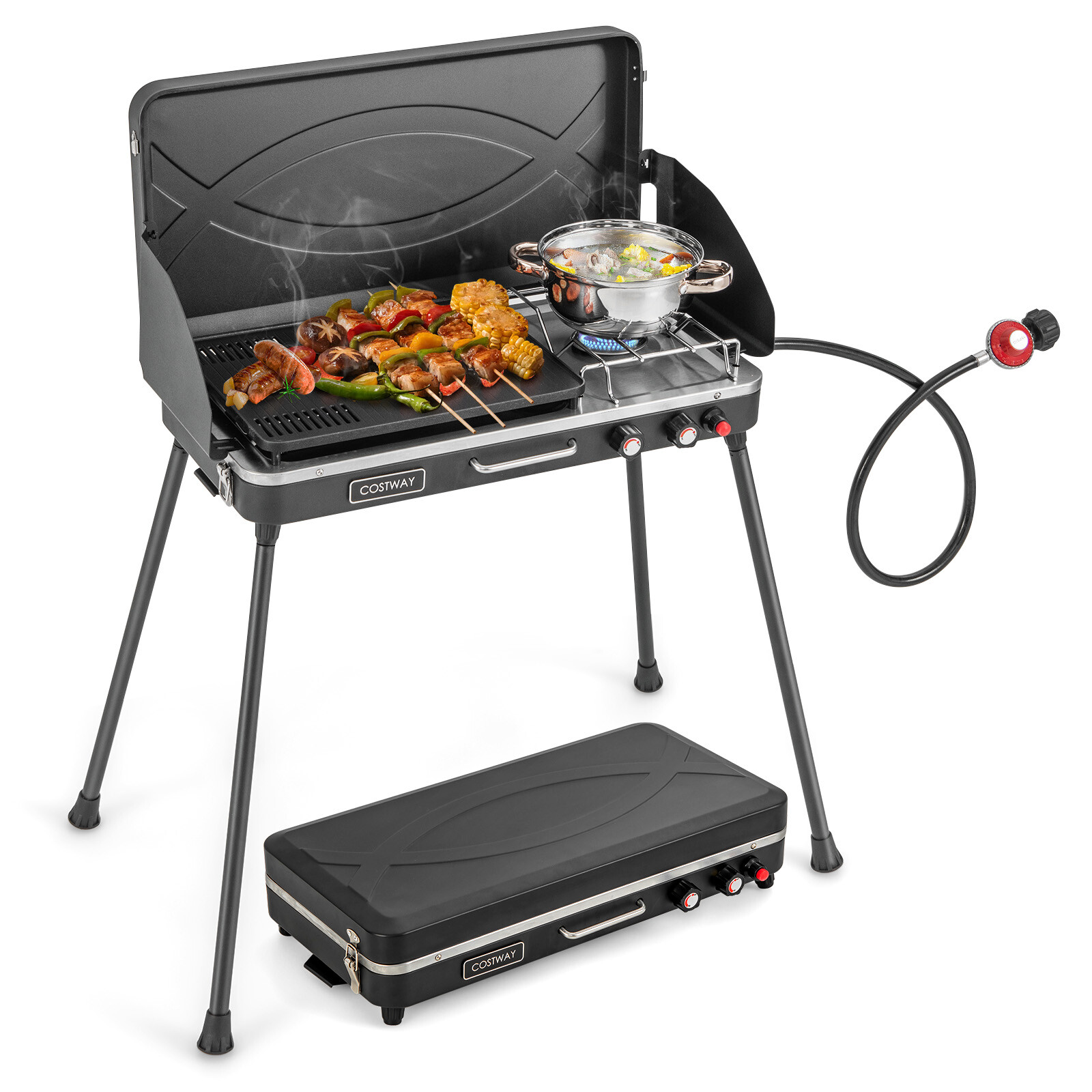 2-in-1 Propane Gas Grill w/ 10,000 BTU Burner & Dual Control Knobs Black