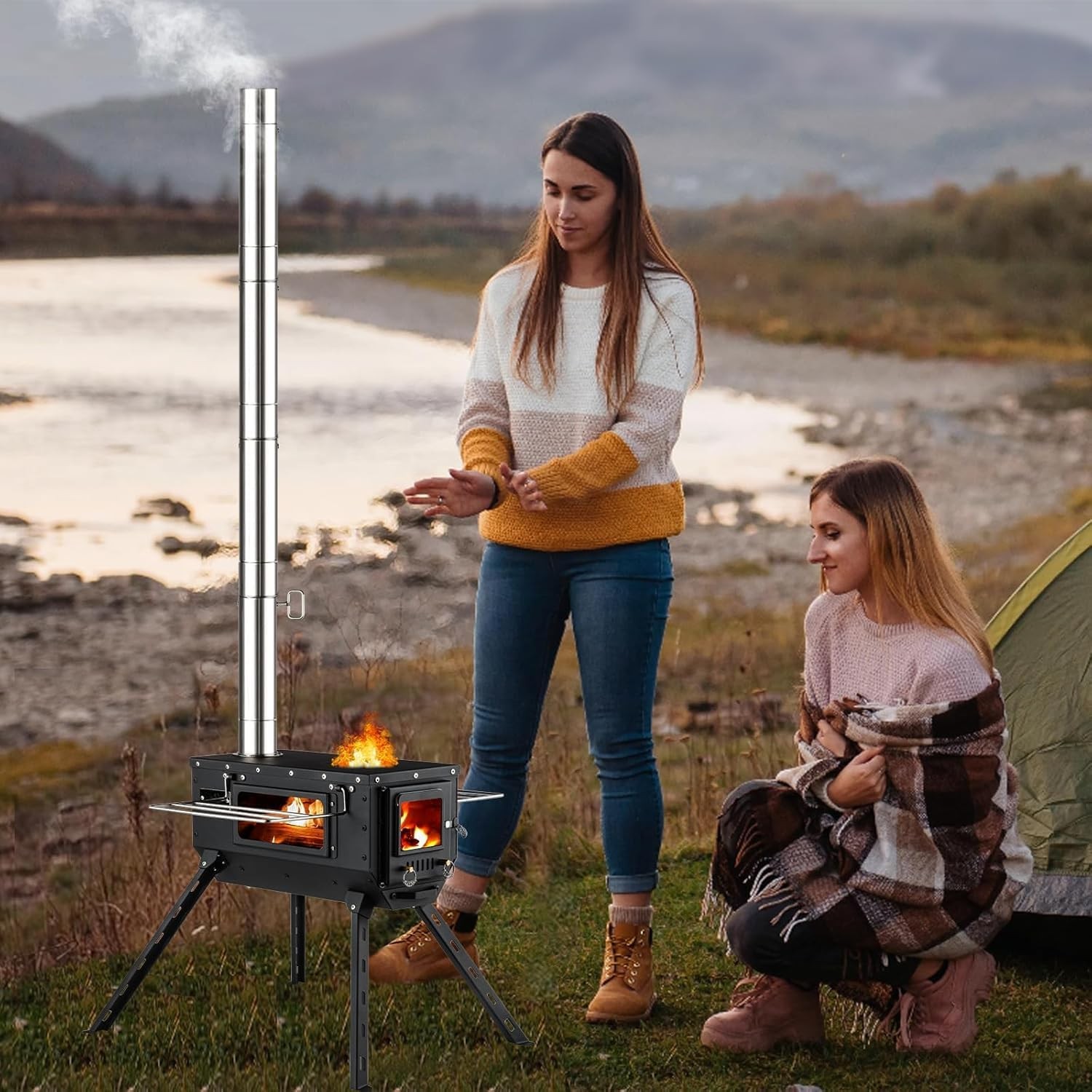 Tent Stove Wood Stove W/ Tall Feet,Portable Hot Tent Stove W/ 6 Stainless