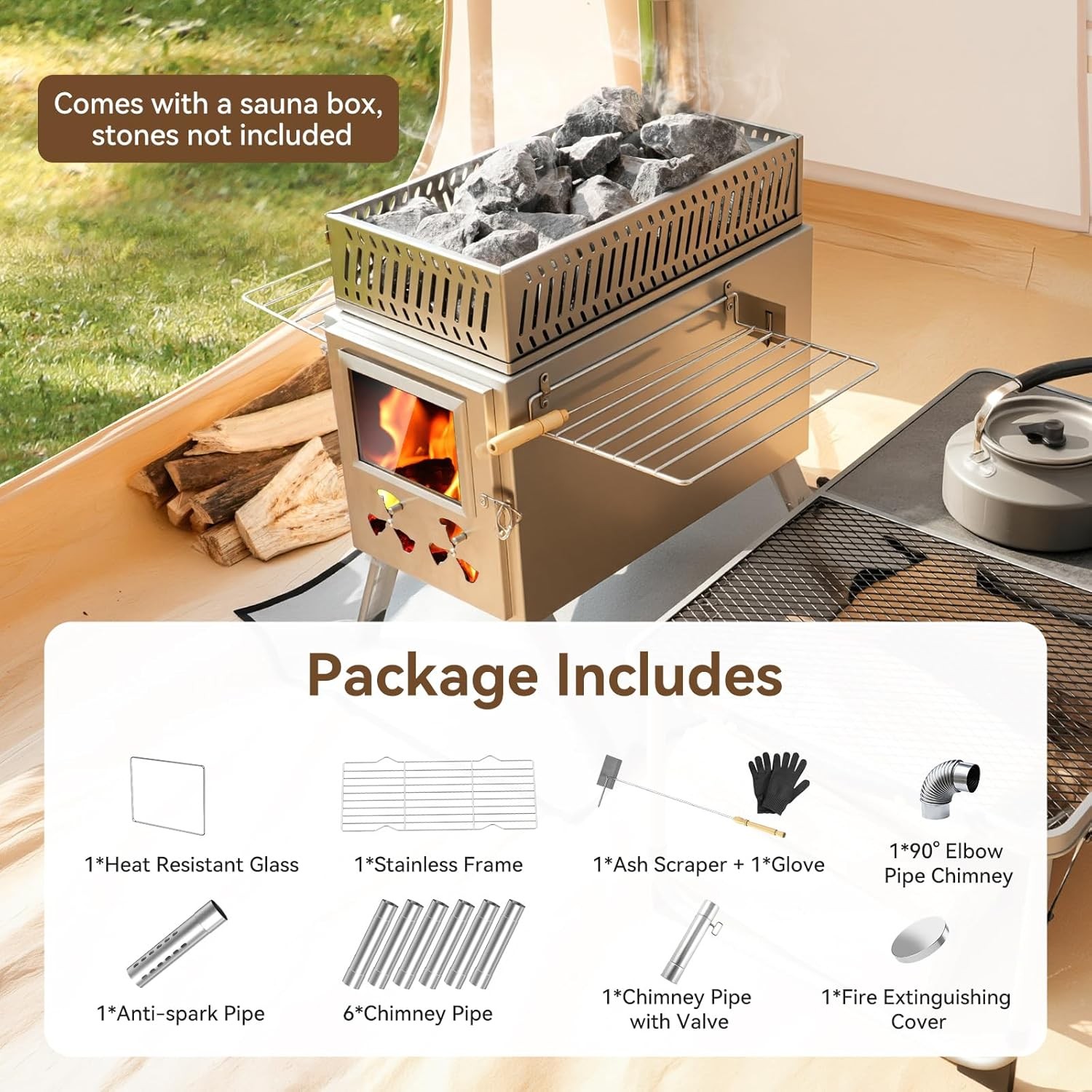 MOPHOTO 2in1 Sauna Hot Tent Stove Burning Stove With Stone Box 8 Chimney Pipes