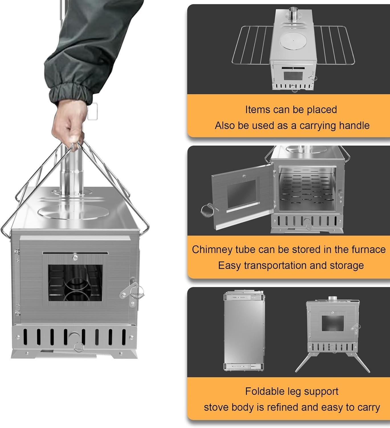 Portable Wood Burning Stove with 6 Stainless Chimney Pipes for Outdoor Hot Tent
